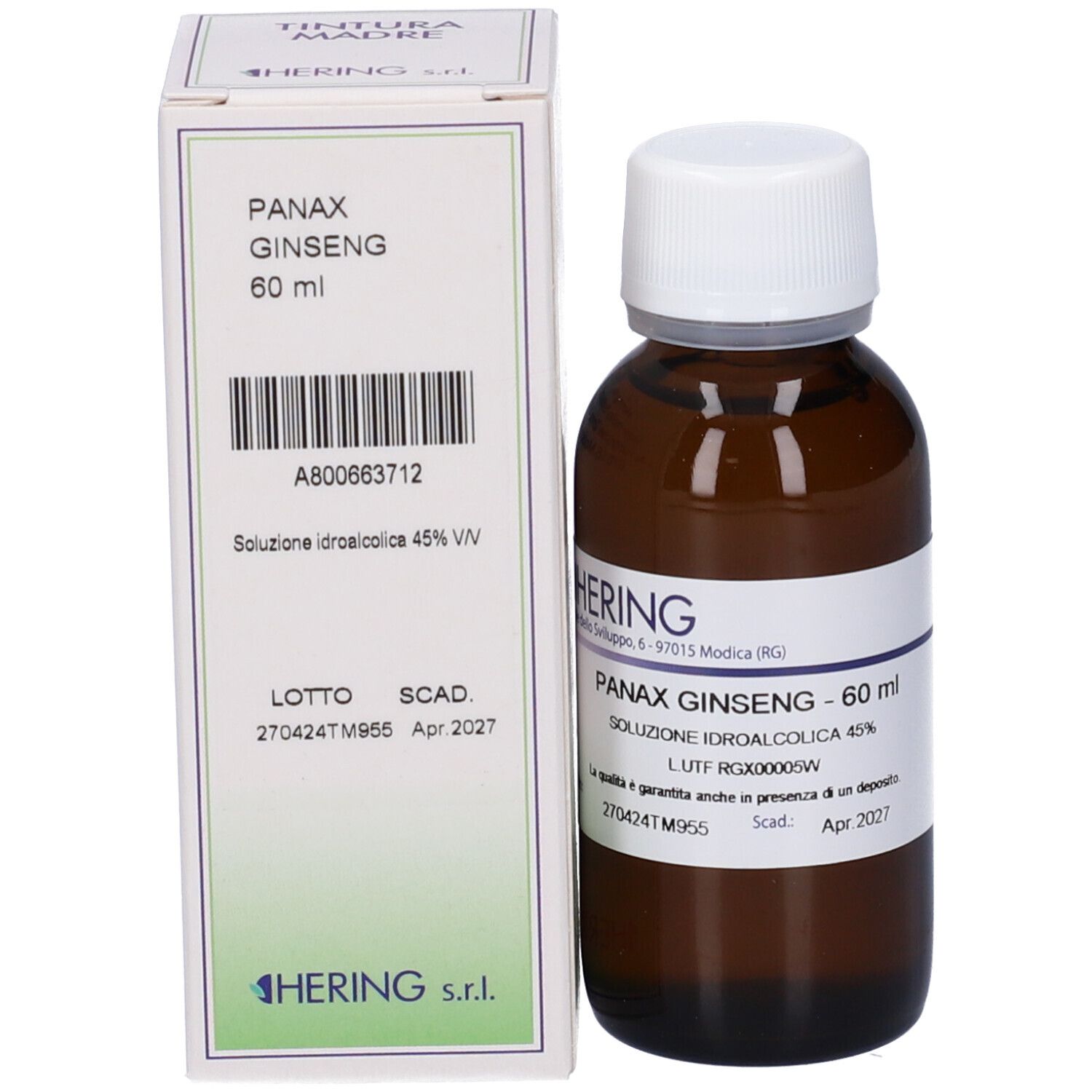 Flacone e confezione del prodotto. Flacone: vetro marrone, tappo bianco. Confezione: bianca, scritte.