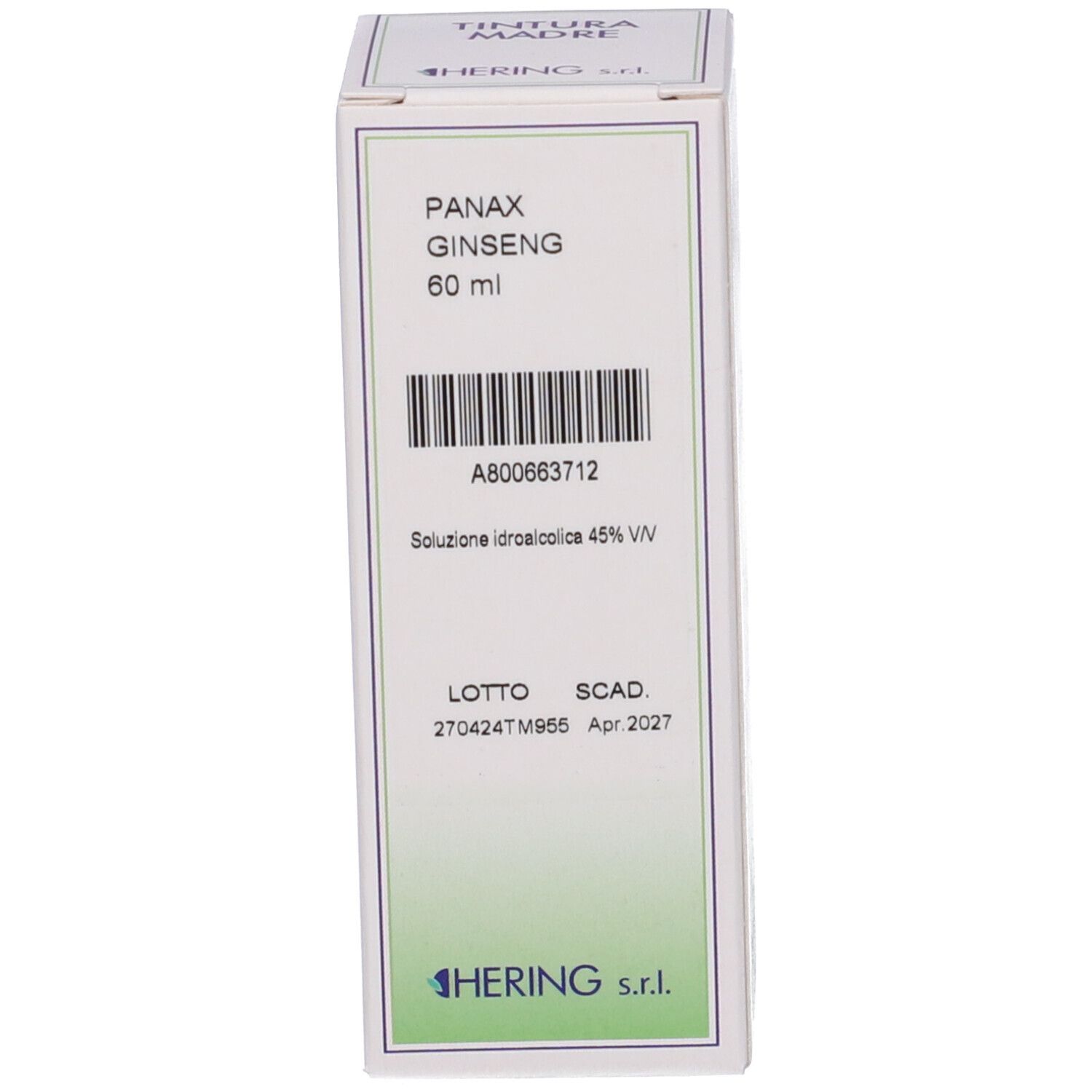 Confezione bianca del prodotto. Scritta: PANAX GINSENG, 60 ml, HERING.