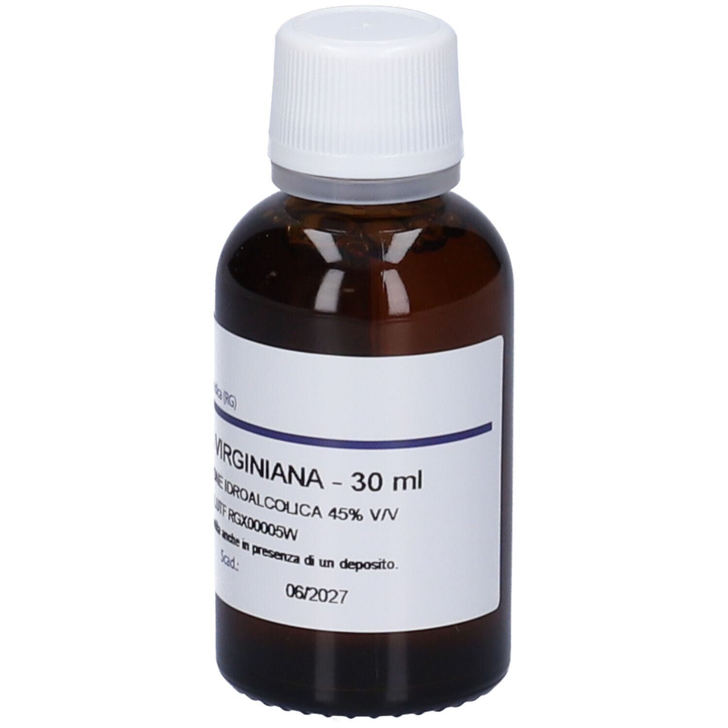 Flacone di vetro marrone con tappo bianco. Etichetta con nome del prodotto e produttore HERING. Testo: HAMAMELIS VIRGINIANA - 30 ml.