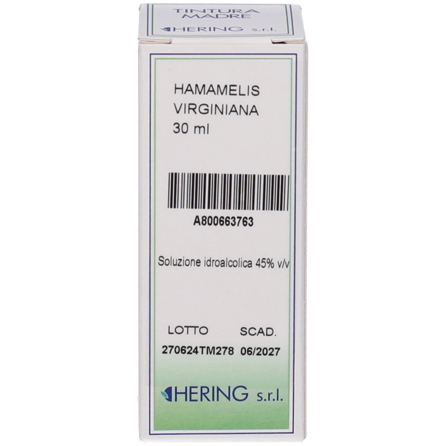 Confezione bianca del prodotto. Testo: HAMAMELIS VIRGINIANA 30 ml. Produttore HERING s.r.l. Codice a barre.