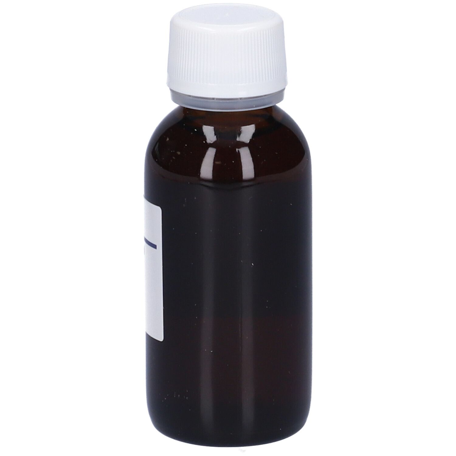 Flacone di vetro marrone con tappo bianco. Etichetta parzialmente visibile.