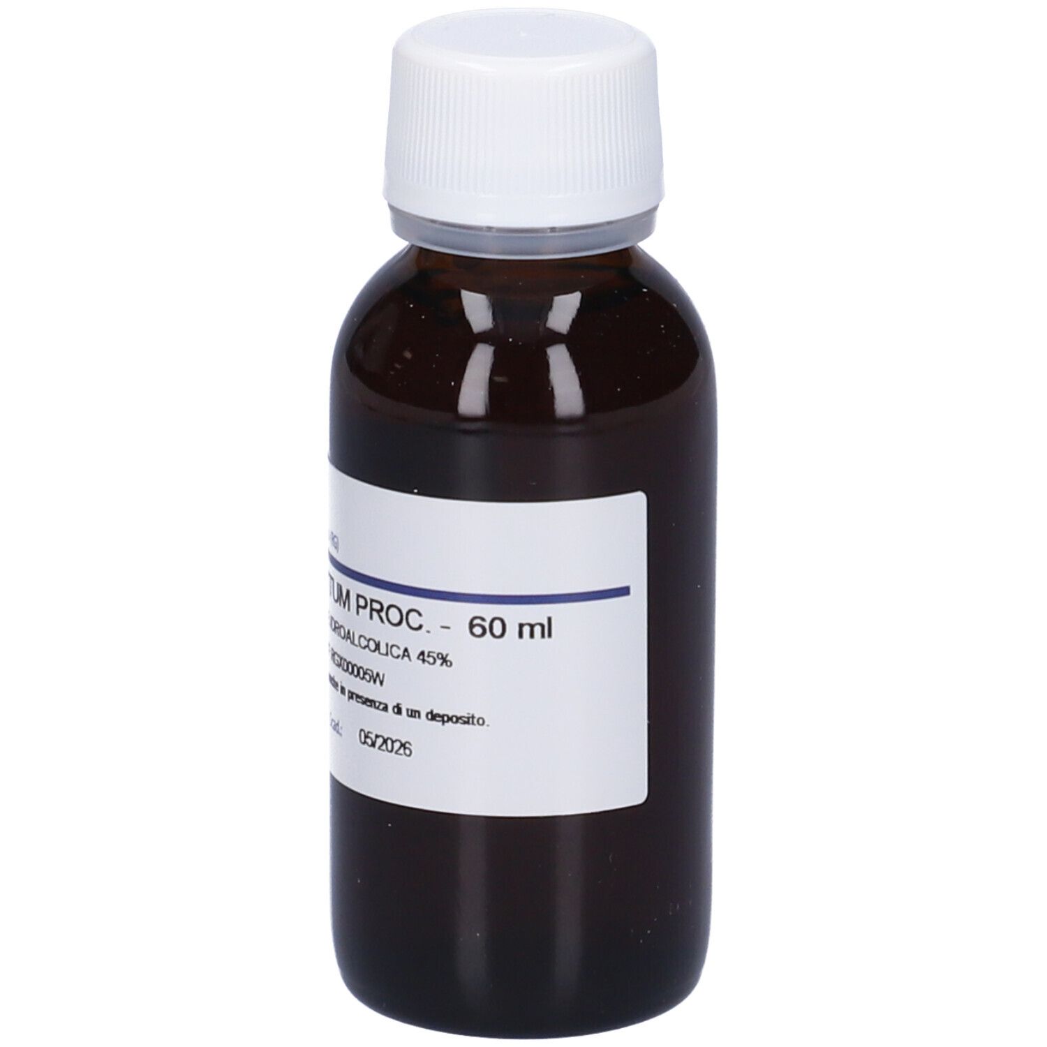 Flacone di vetro marrone con tappo bianco ed etichetta. Scritta: HARPAGOPHYTUM PROC. 60 ml.