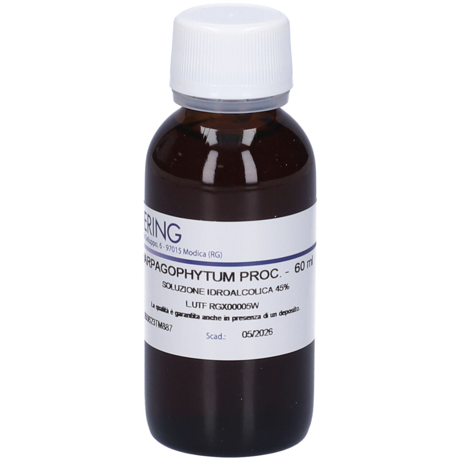 Flacone di vetro marrone con tappo bianco ed etichetta. Scritta: HARPAGOPHYTUM PROC. 60 ml. Marchio Hering.