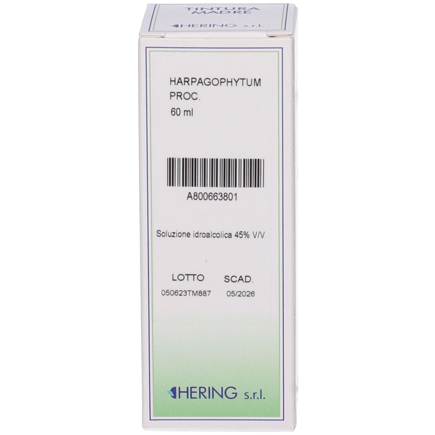 Scatola con scritta: HARPAGOPHYTUM PROC. 60 ml. Marchio Hering.