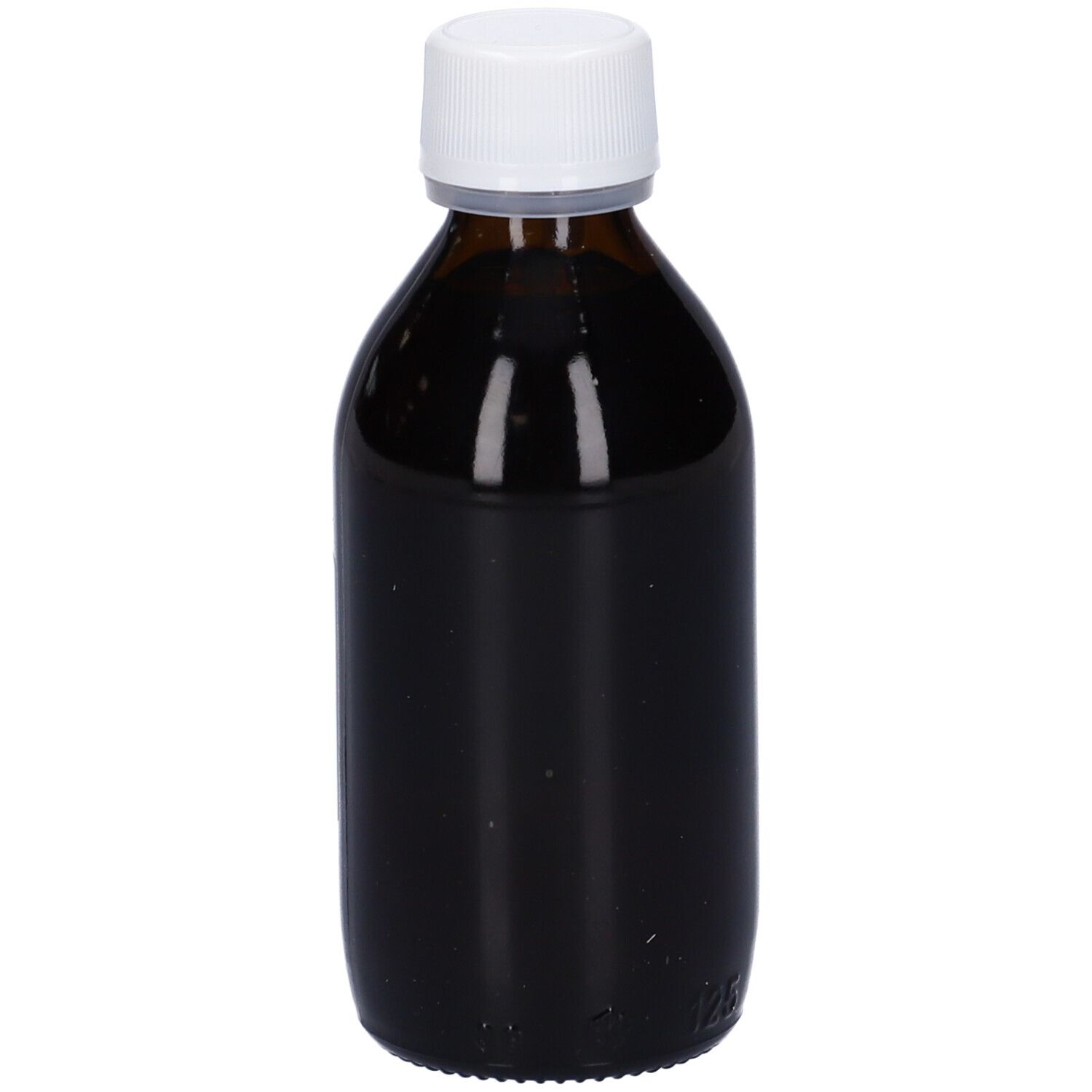 Flacone di vetro marrone con tappo bianco. Liquido. Etichetta con testo. Logo HERING.