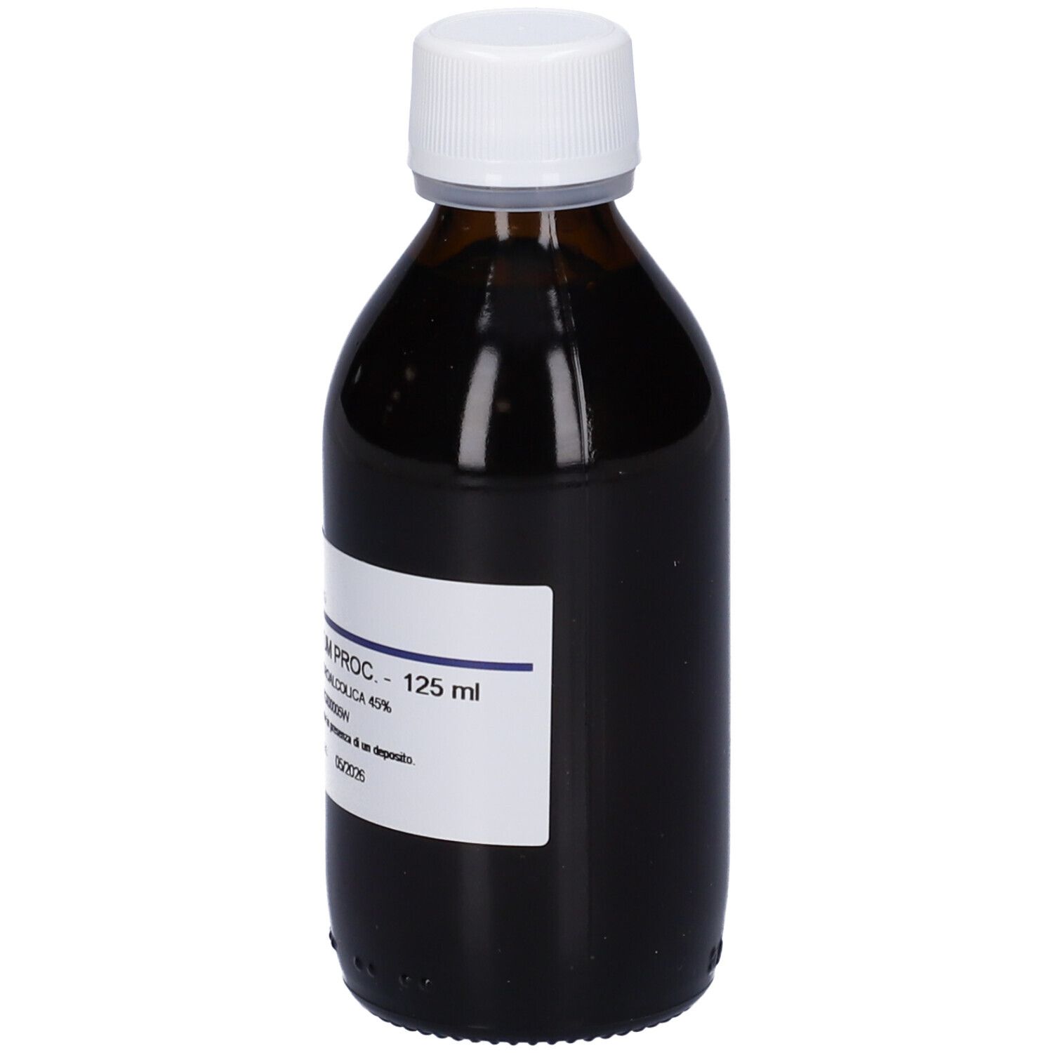 Flacone di vetro marrone con tappo bianco. Etichetta con testo. Logo HERING. Liquido.