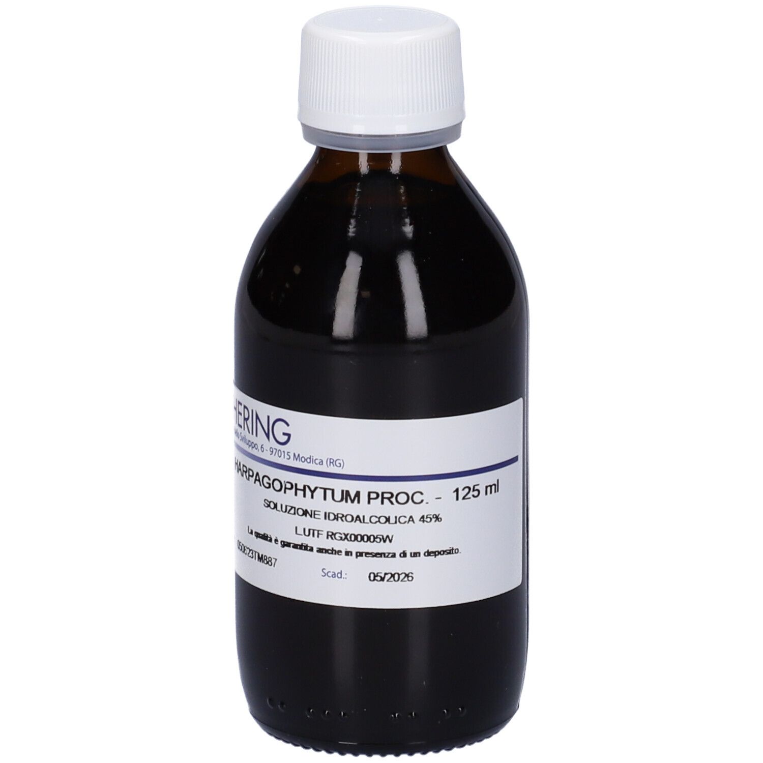 Flacone di vetro marrone con tappo bianco. Etichetta con testo. Logo HERING. Liquido.