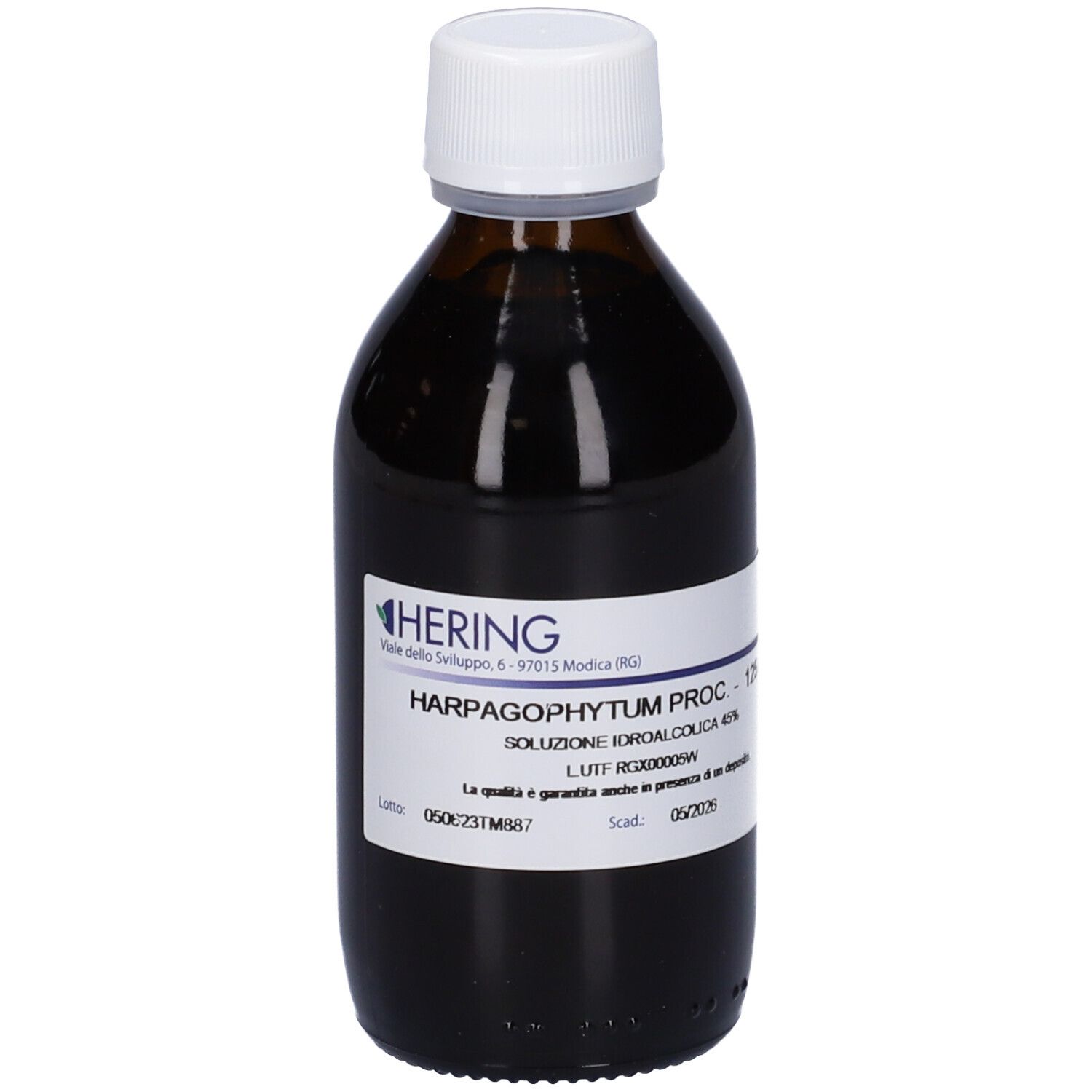 Flacone di vetro marrone con tappo bianco. Etichetta con testo. Logo HERING. Liquido.