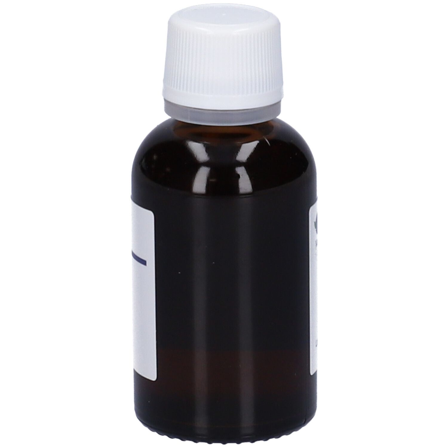 Flacone di vetro marrone con tappo bianco. Etichetta con testo illeggibile. Logo HERING. Flacone in piedi.