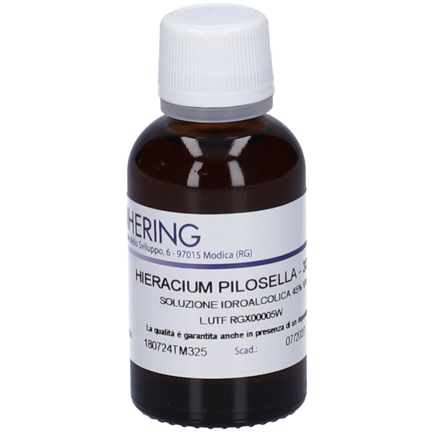 Flacone di vetro marrone con tappo bianco. Etichetta con testo. Scritta: Hieracium Pilosella - 30 ml. Logo HERING.