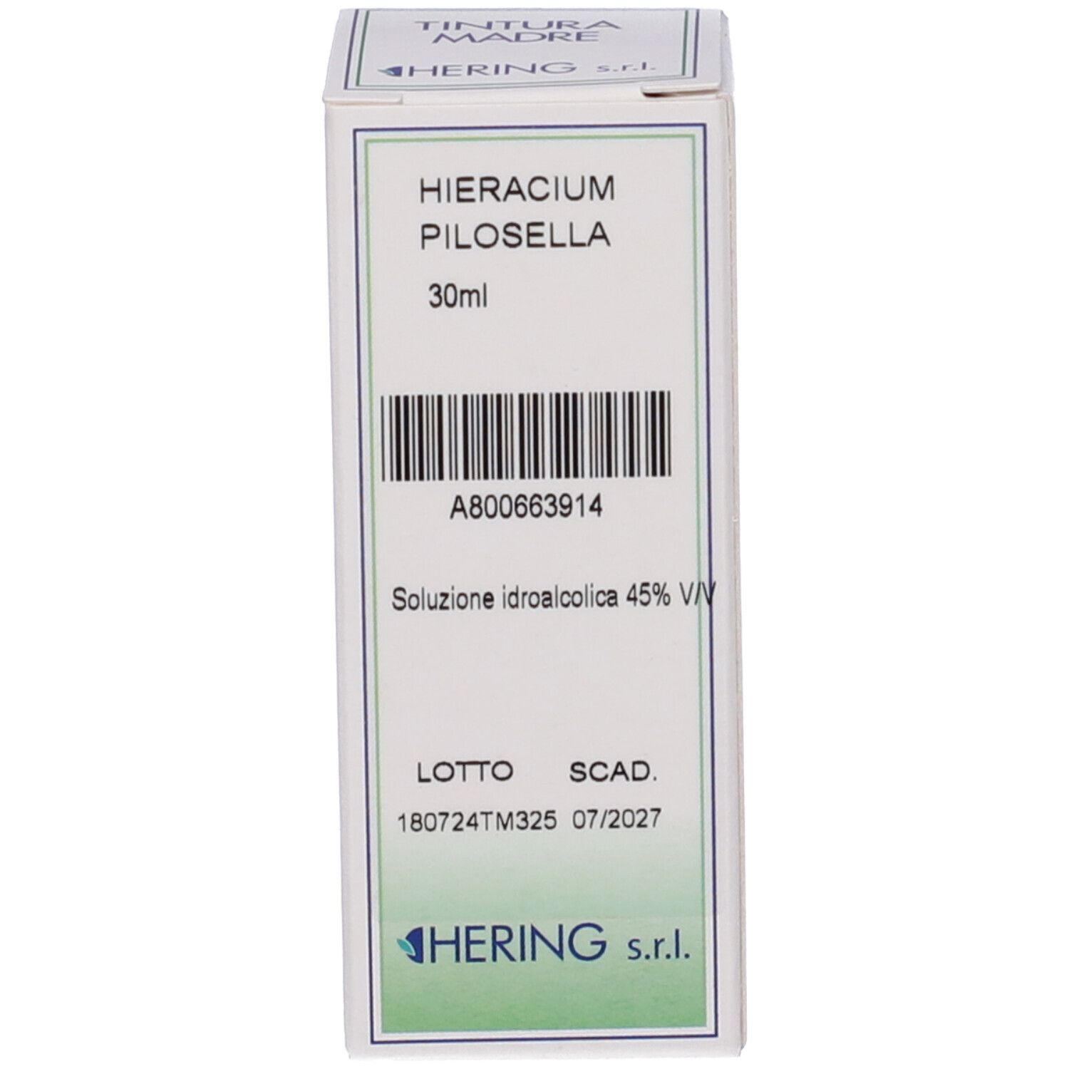 Confezione del prodotto. Scatola con testo e codice a barre. Scritta: Hieracium Pilosella, 30ml. Logo HERING.