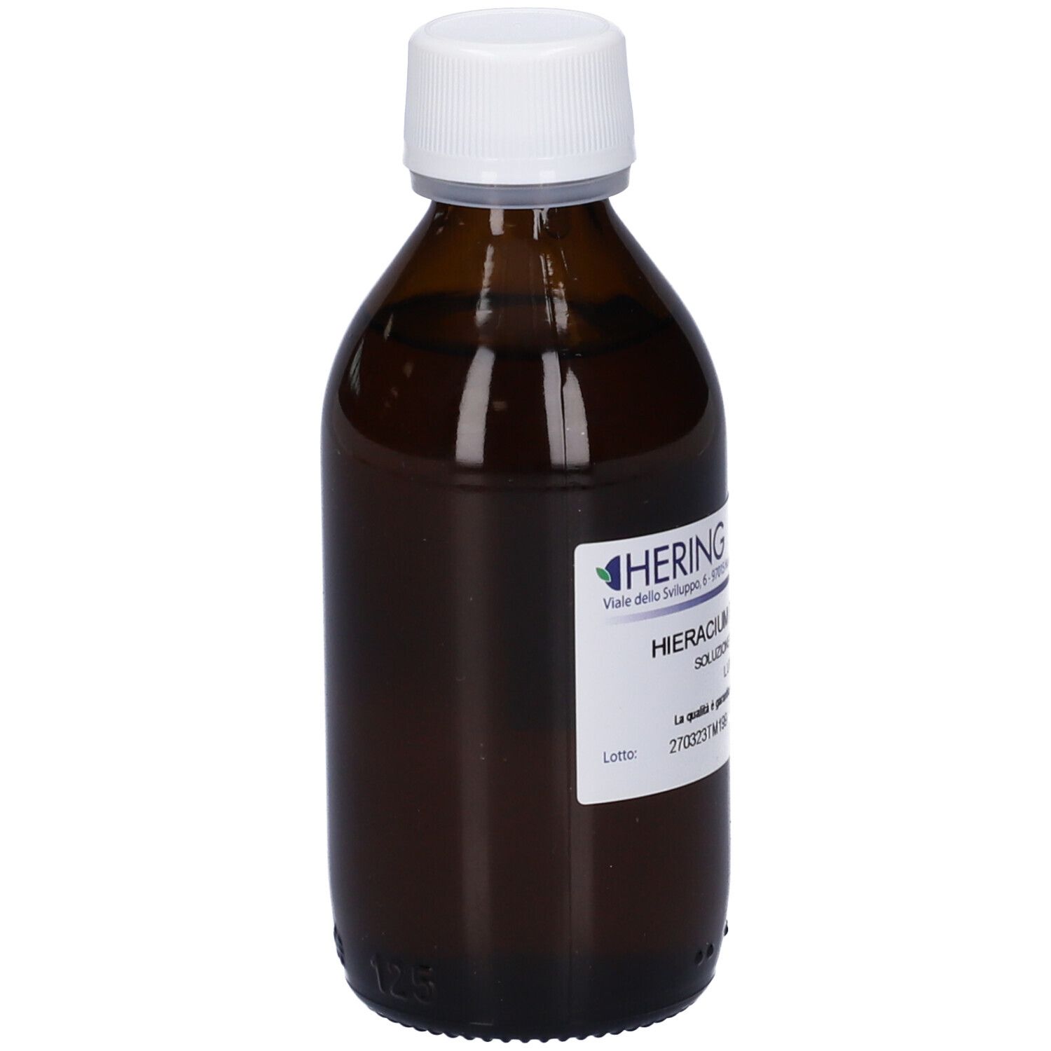 Flacone di vetro marrone con tappo bianco. Etichetta con nome del prodotto e produttore.