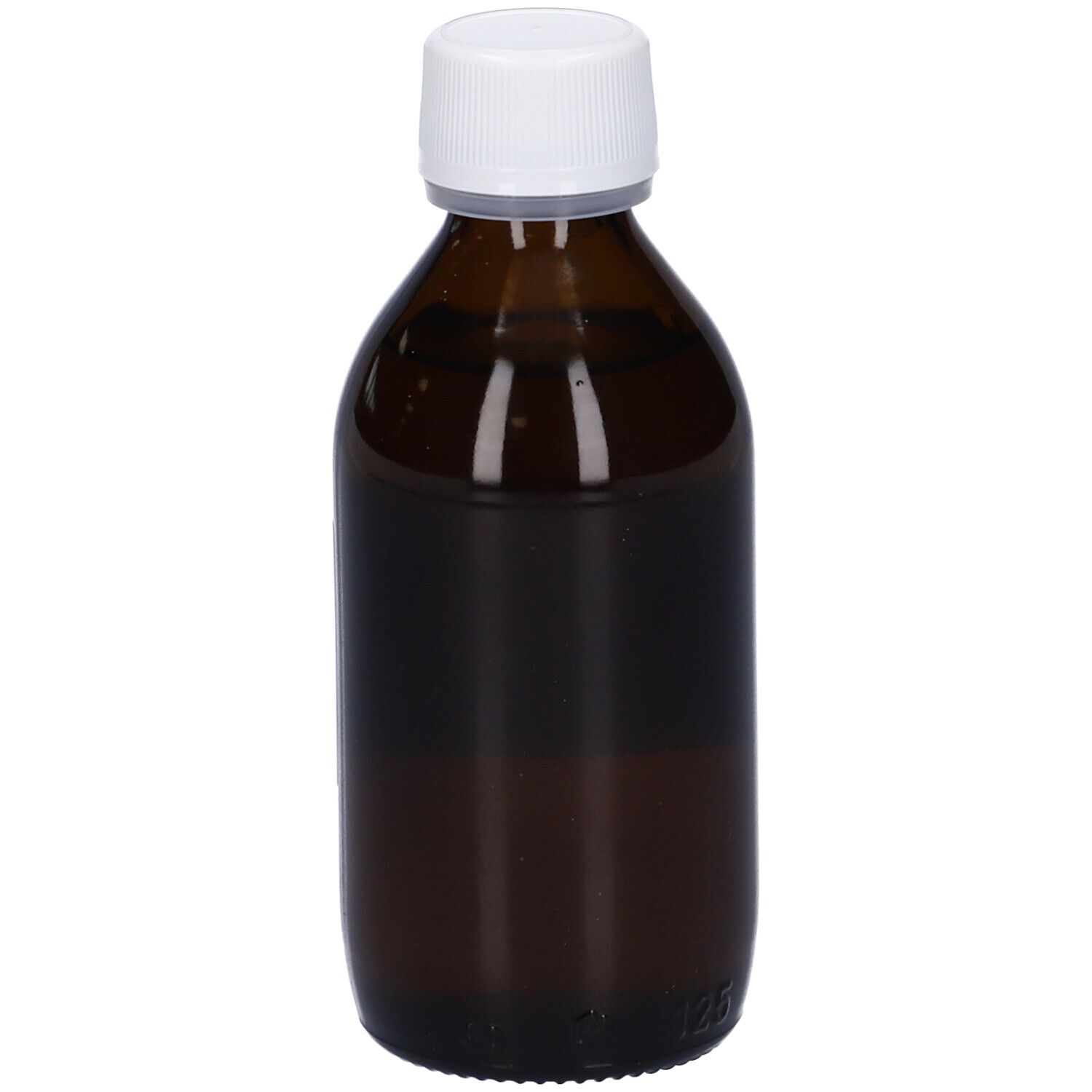 Flacone di vetro marrone con tappo bianco. Liquido visibile. 125 ml.