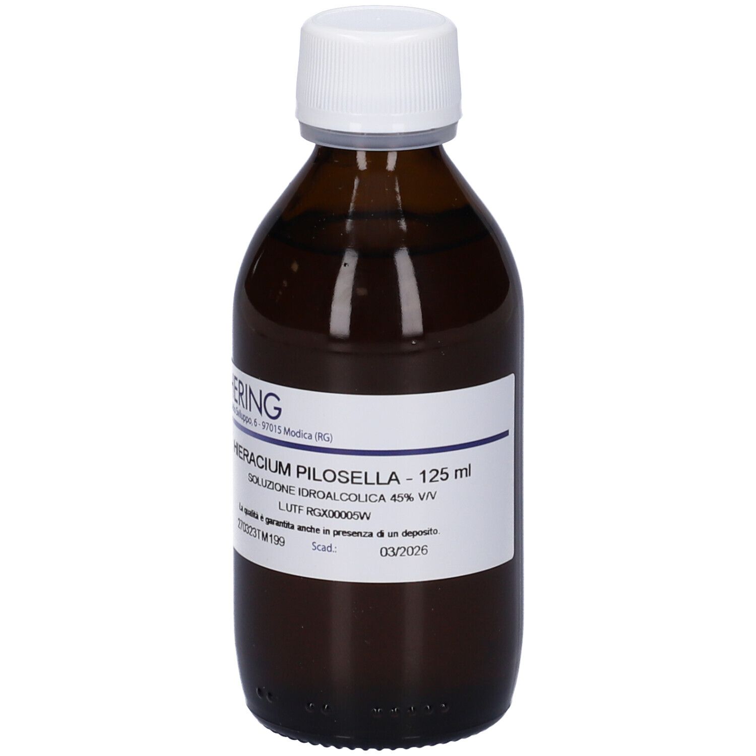 Flacone di vetro marrone con tappo bianco. Etichetta con nome del prodotto e produttore. 125 ml.