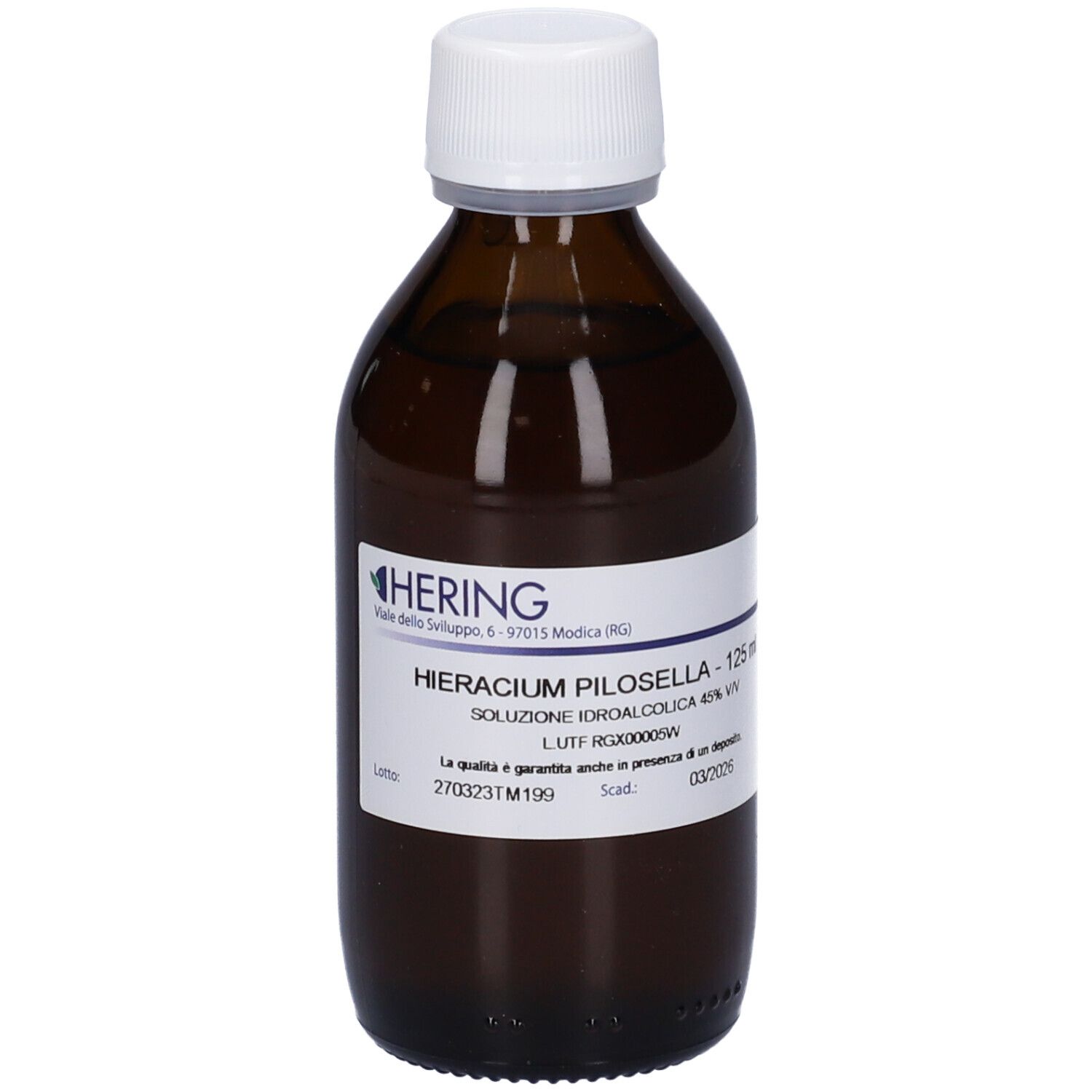 Flacone di vetro marrone con tappo bianco. Etichetta con nome del prodotto e produttore. 125 ml.