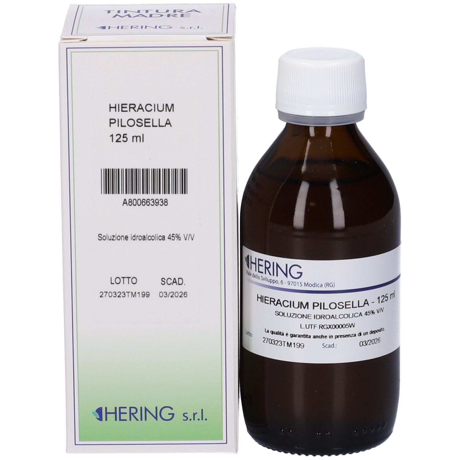 Flacone di vetro marrone con tappo bianco e scatola. Scatola con nome del prodotto e produttore. 125 ml.