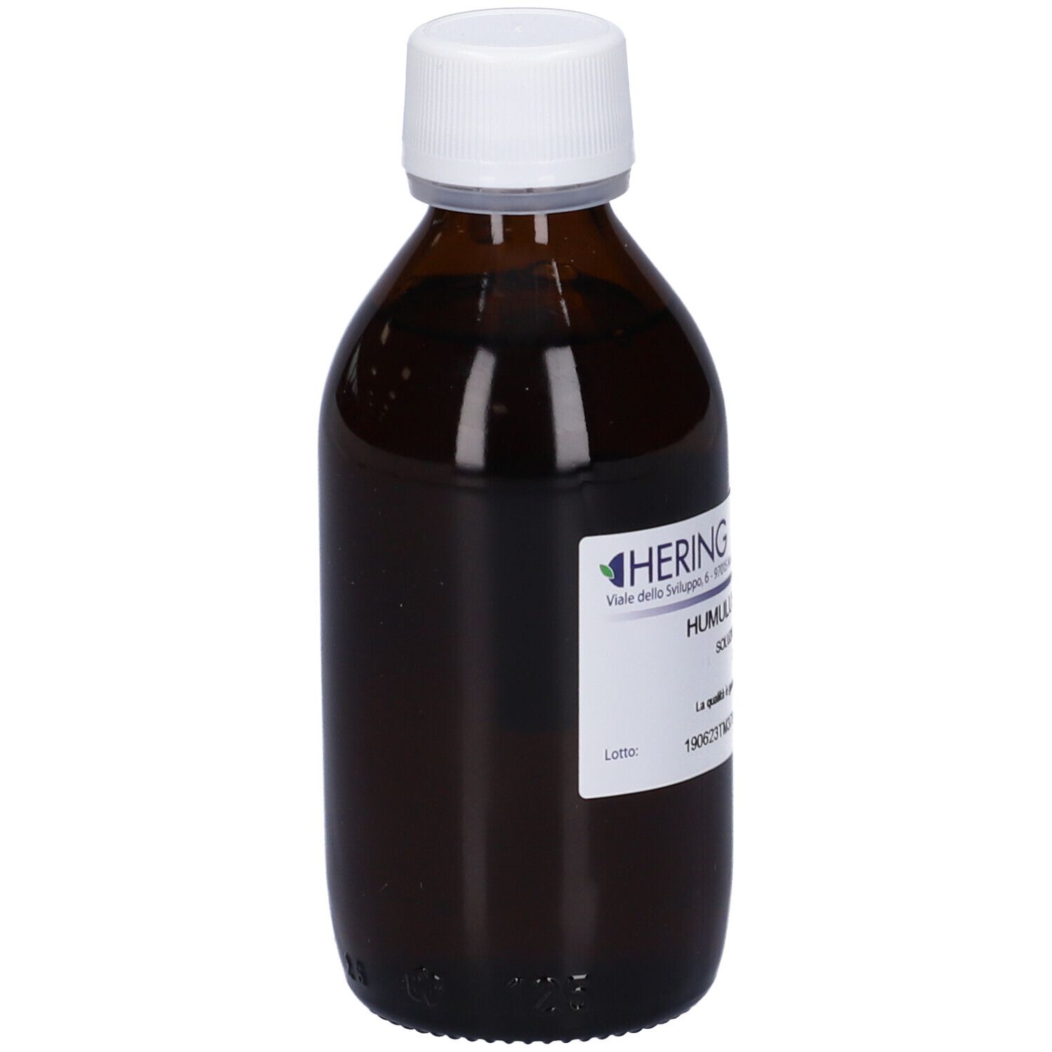 Flacone di vetro marrone con tappo bianco. Etichetta con nome del prodotto e marchio HERING. Testo: Humulus Lupulus.