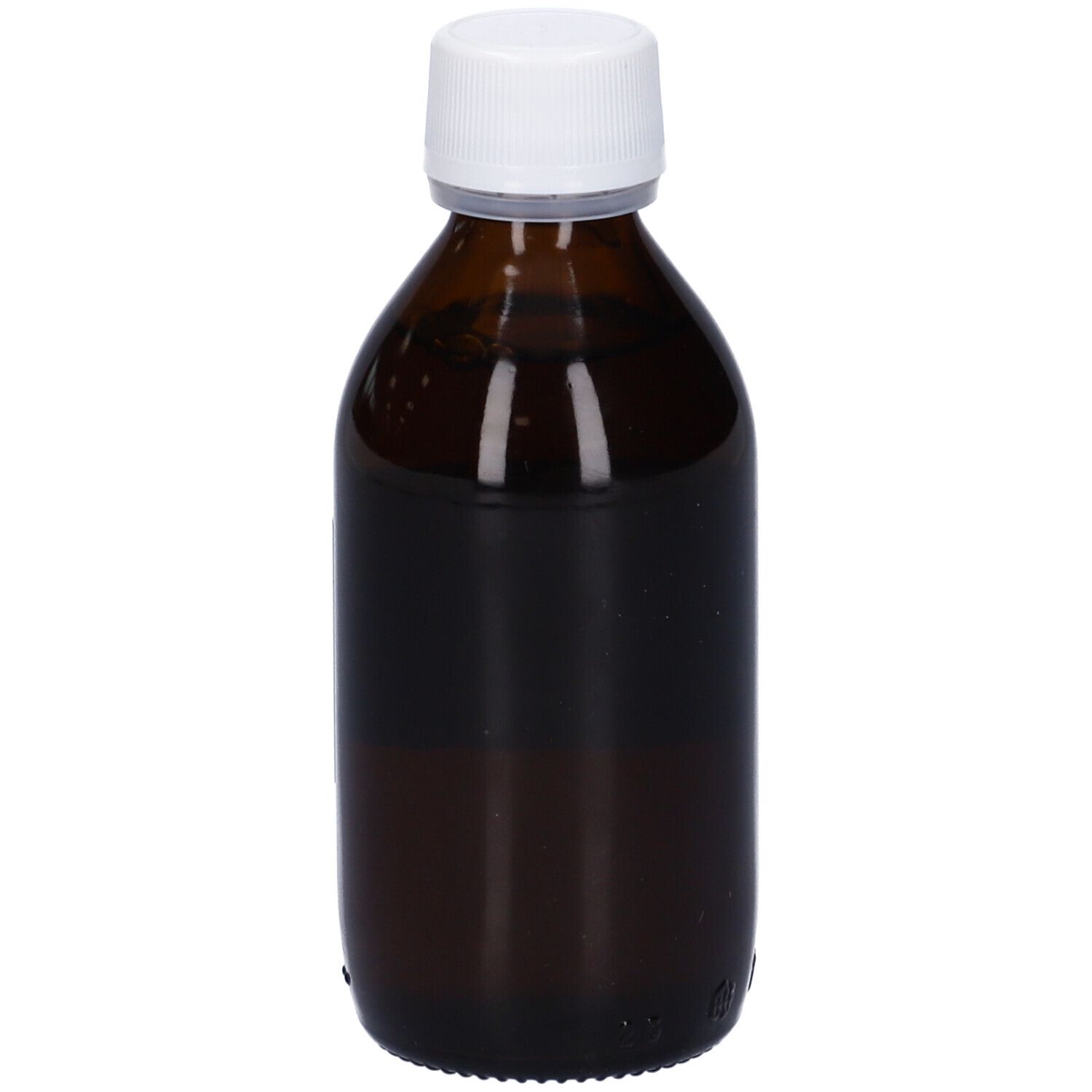 Flacone di vetro marrone con tappo bianco. Nessun altro dettaglio visibile.