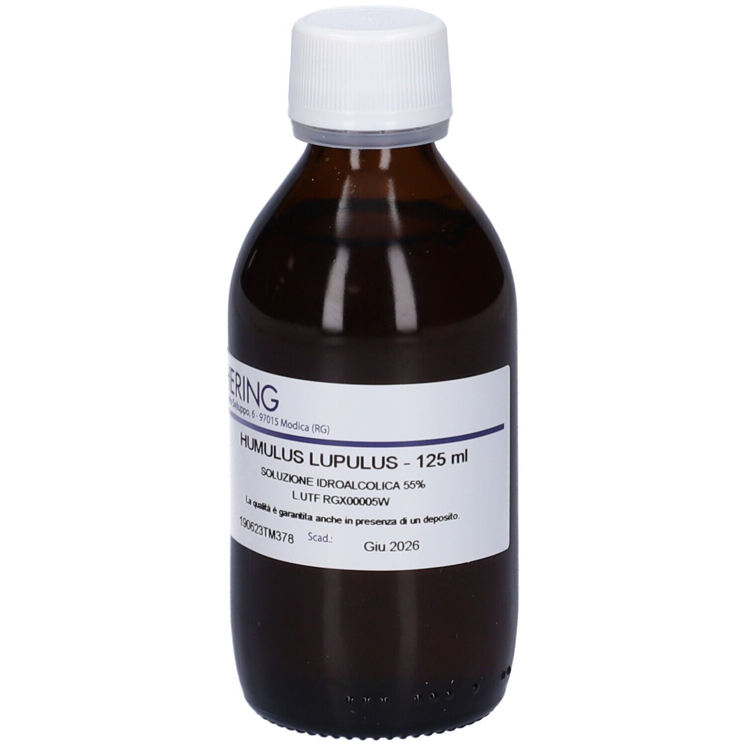 Flacone di vetro marrone con tappo bianco. Etichetta con nome del prodotto e marchio HERING. Testo: Humulus Lupulus - 125 ml.