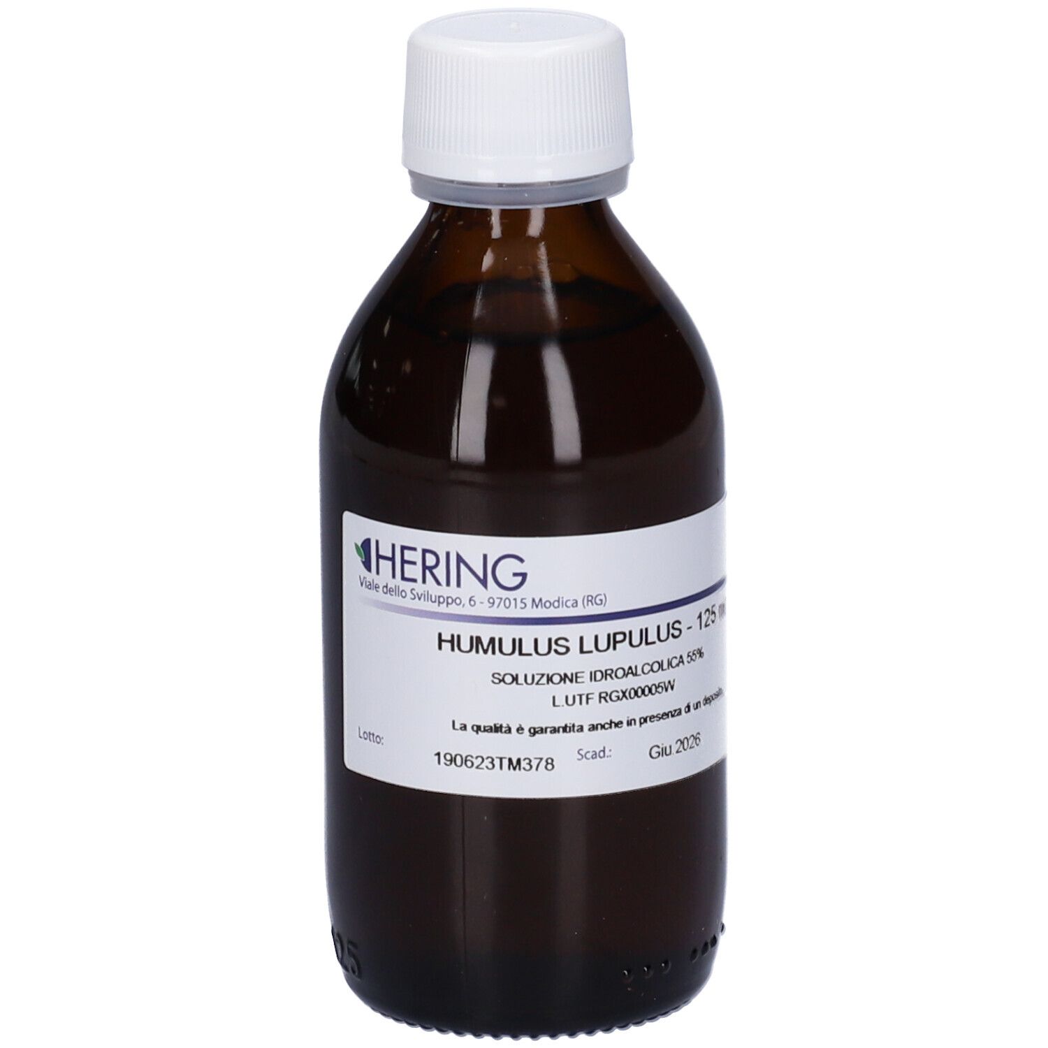 Flacone di vetro marrone con tappo bianco. Etichetta con nome del prodotto e marchio HERING. Testo: Humulus Lupulus - 125 ml.