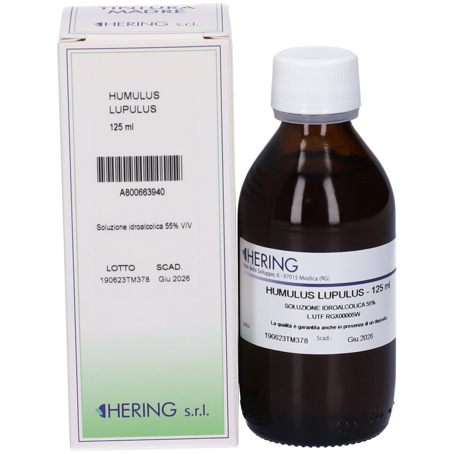Flacone e confezione del prodotto. Flacone: vetro marrone, tappo bianco. Confezione: bianca, testo e marchio HERING.