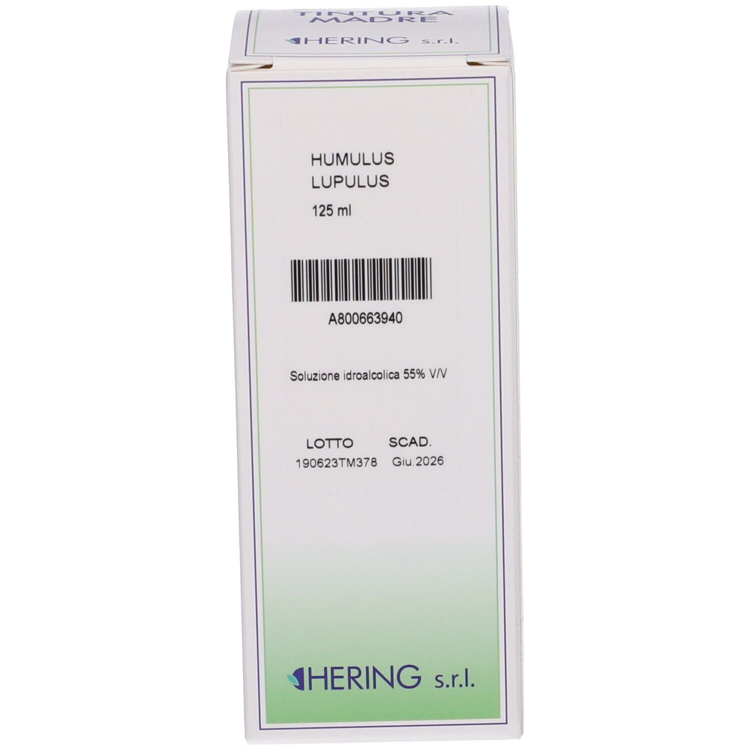 Confezione bianca del prodotto. Testo: Humulus Lupulus - 125 ml. Marchio HERING.