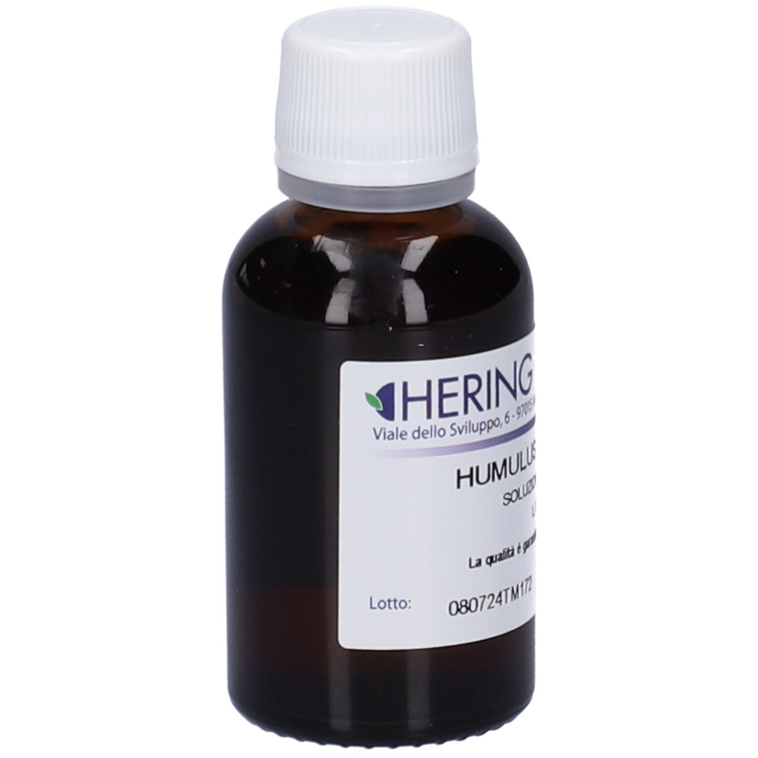 Flacone di vetro marrone con tappo bianco. Etichetta con nome del prodotto e produttore. Logo verde.