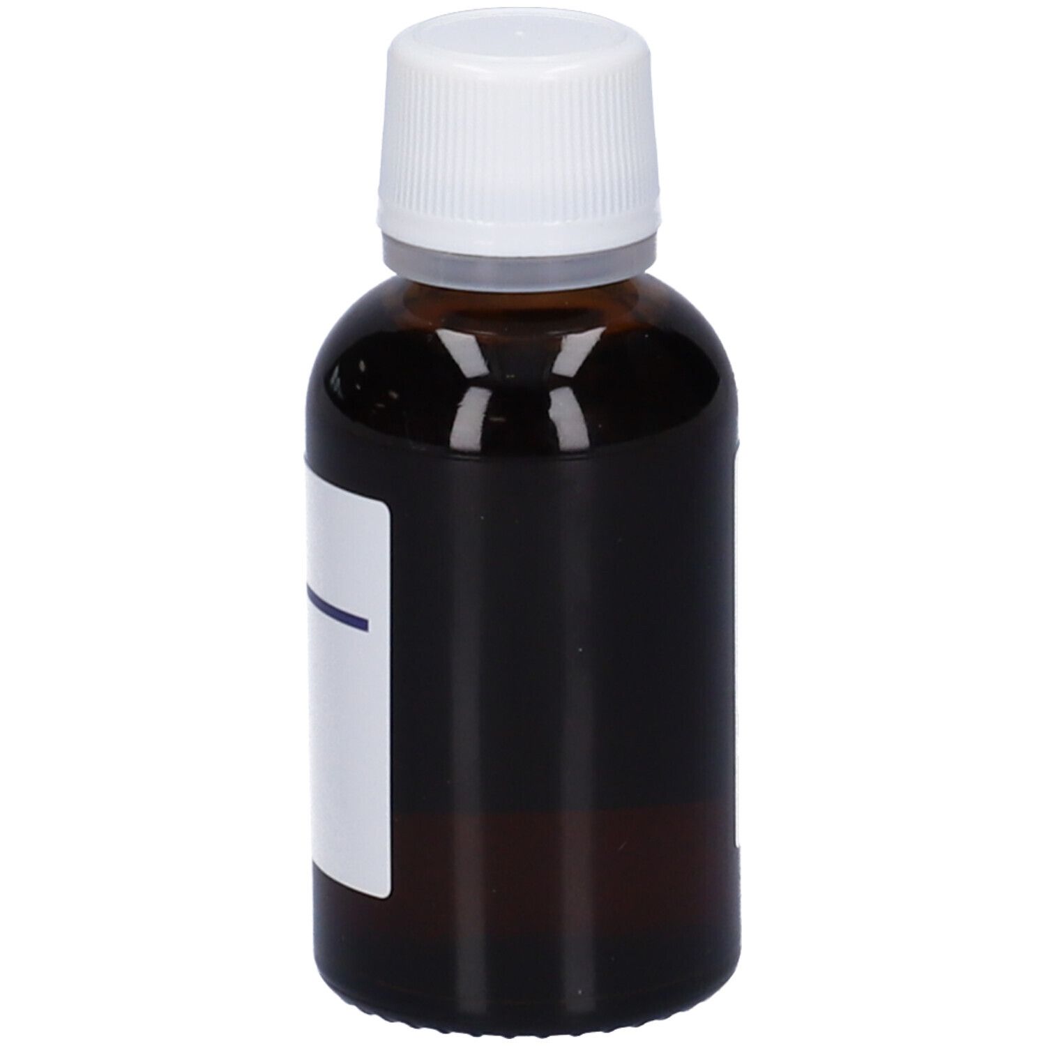 Flacone di vetro marrone con tappo bianco. Grande etichetta bianca. Nessun altro dettaglio visibile.