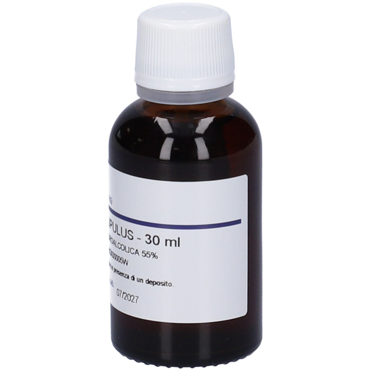 Flacone di vetro marrone con tappo bianco. Etichetta con nome del prodotto e volume. Testo in italiano.