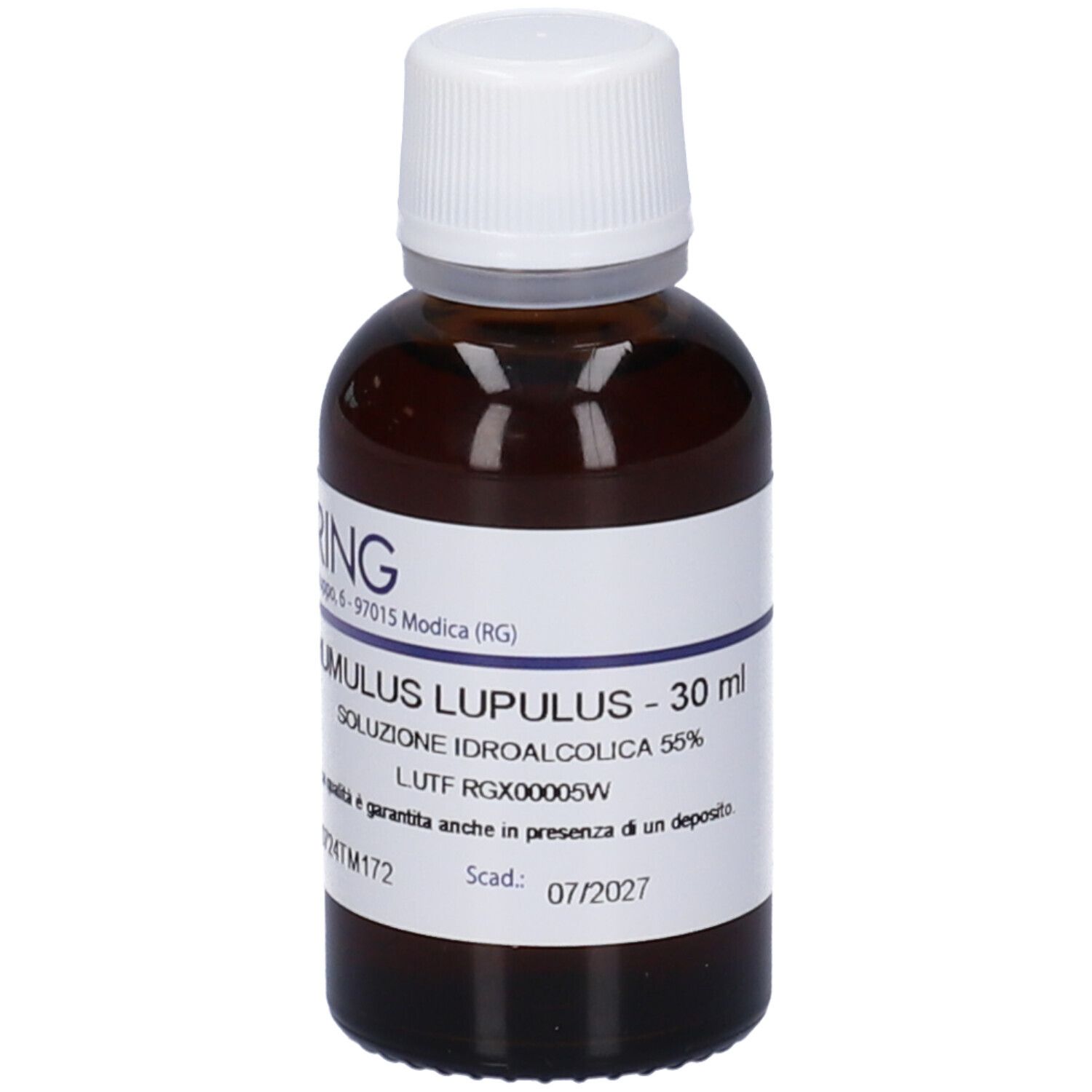 Flacone di vetro marrone con tappo bianco. Etichetta con nome del prodotto e produttore. Testo in italiano.