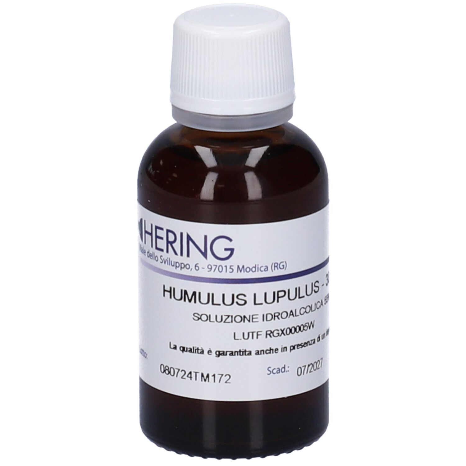 Flacone di vetro marrone con tappo bianco. Etichetta con nome del prodotto e produttore. Testo in italiano.