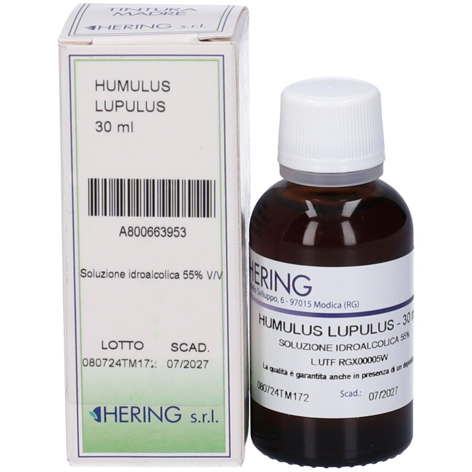 Flacone di vetro marrone e scatola. Flacone con tappo bianco. Scatola con nome del prodotto e codice a barre.