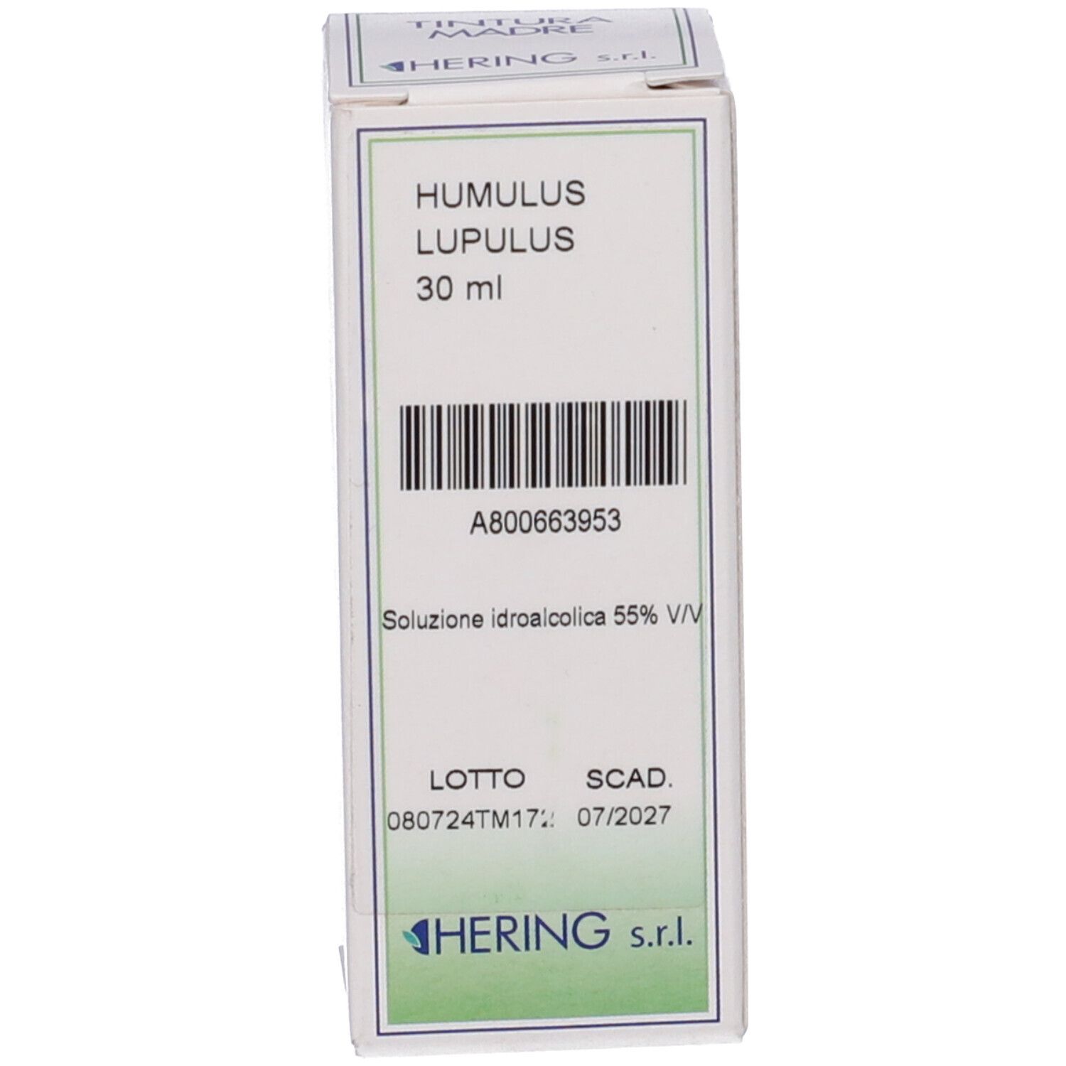 Scatola con nome del prodotto e codice a barre. Testo in italiano. Logo del produttore.