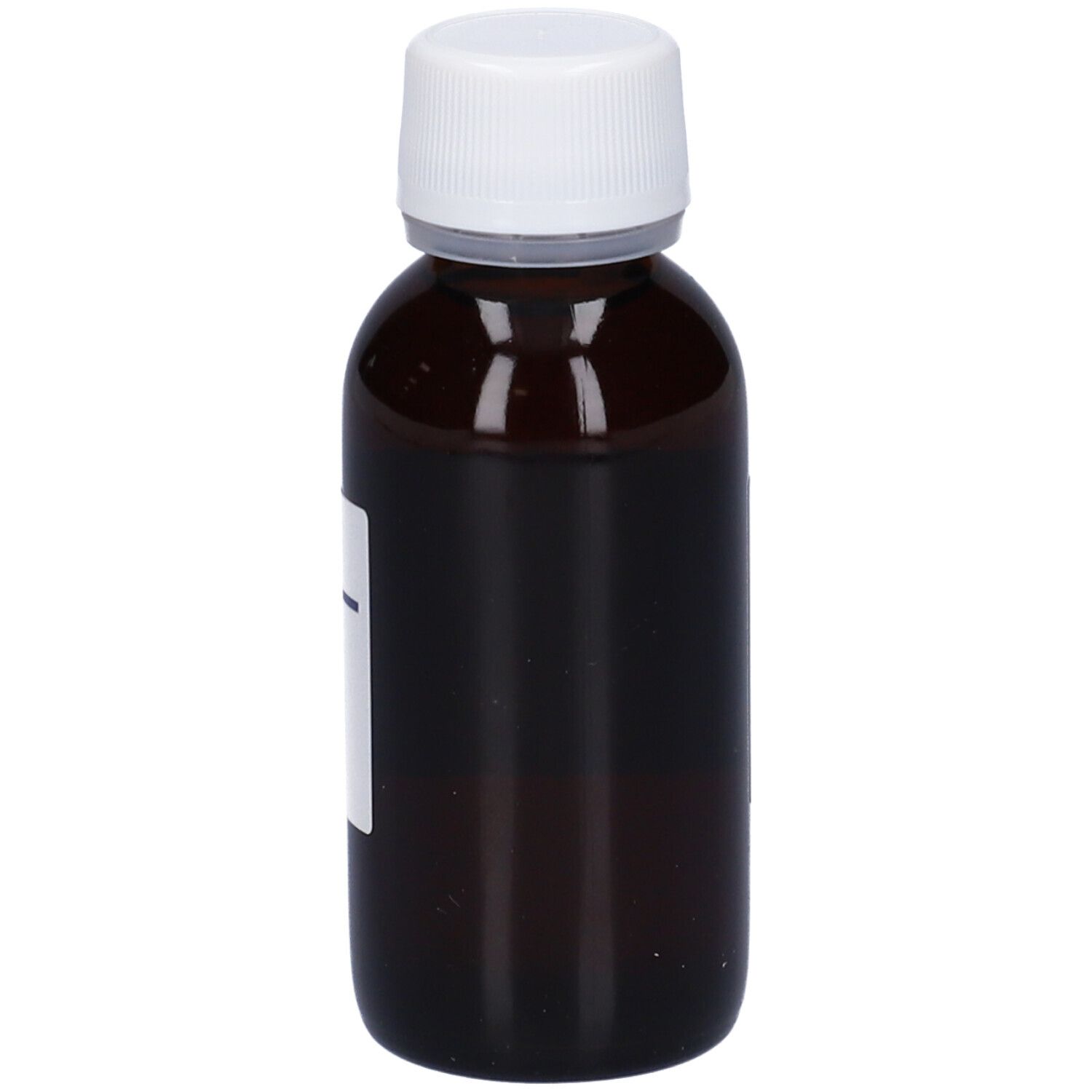 Flacone di vetro marrone con tappo bianco ed etichetta. Etichetta con informazioni sul prodotto. Flacone in posizione verticale.