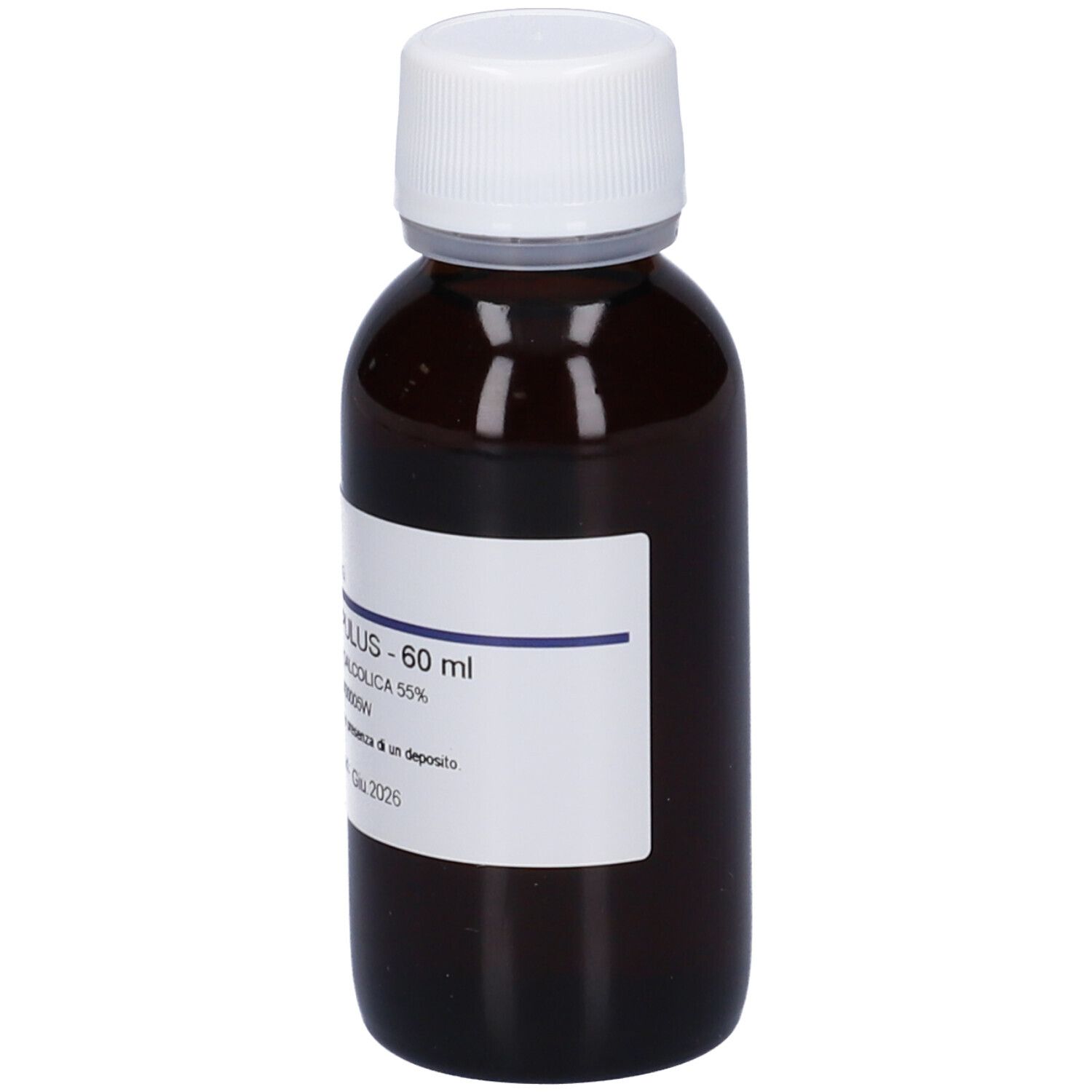 Flacone di vetro marrone con tappo bianco ed etichetta. Scritte: Humulus Lupulus, 60 ml, soluzione. Scadenza 2026.
