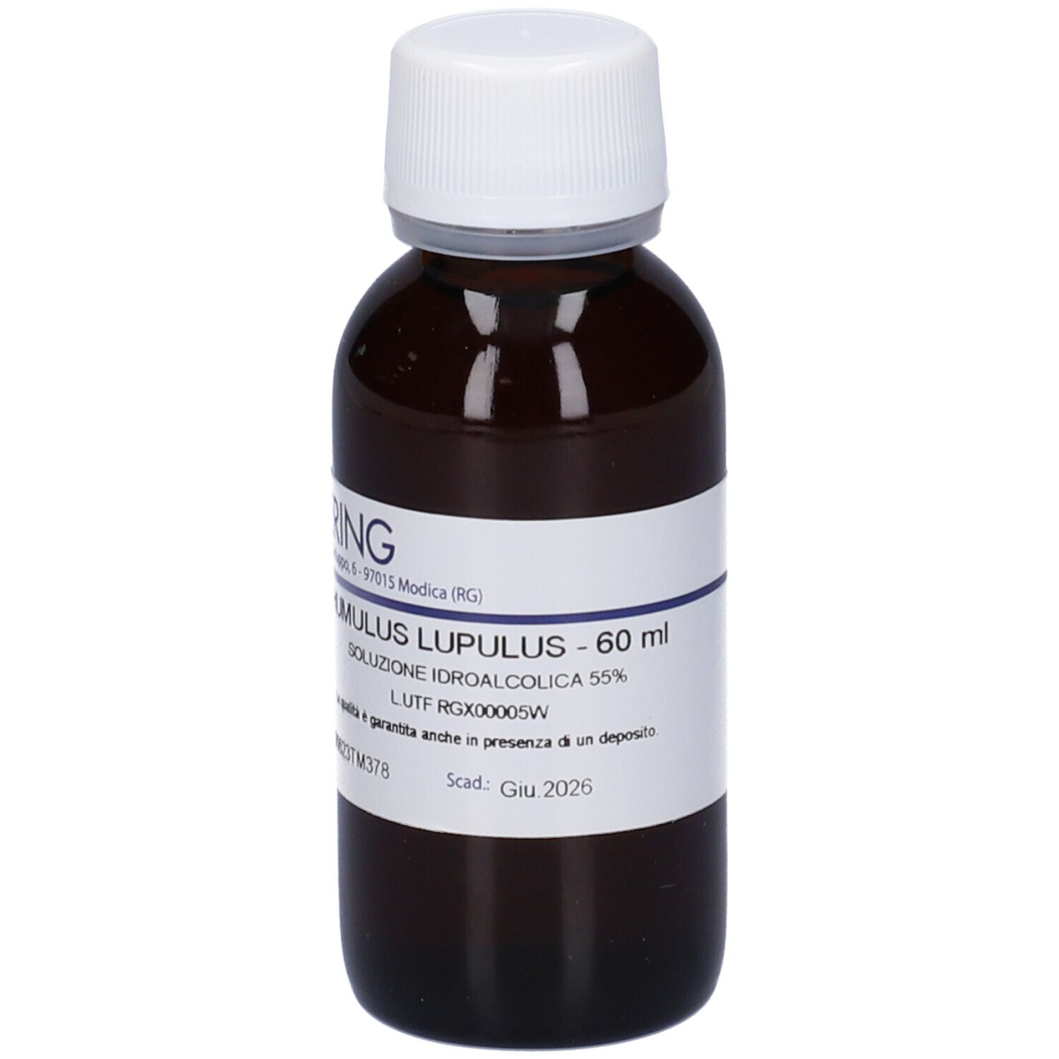 Flacone di vetro marrone con tappo bianco ed etichetta. Scritte: HERING, Humulus Lupulus, 60 ml, soluzione. Scadenza 2026.