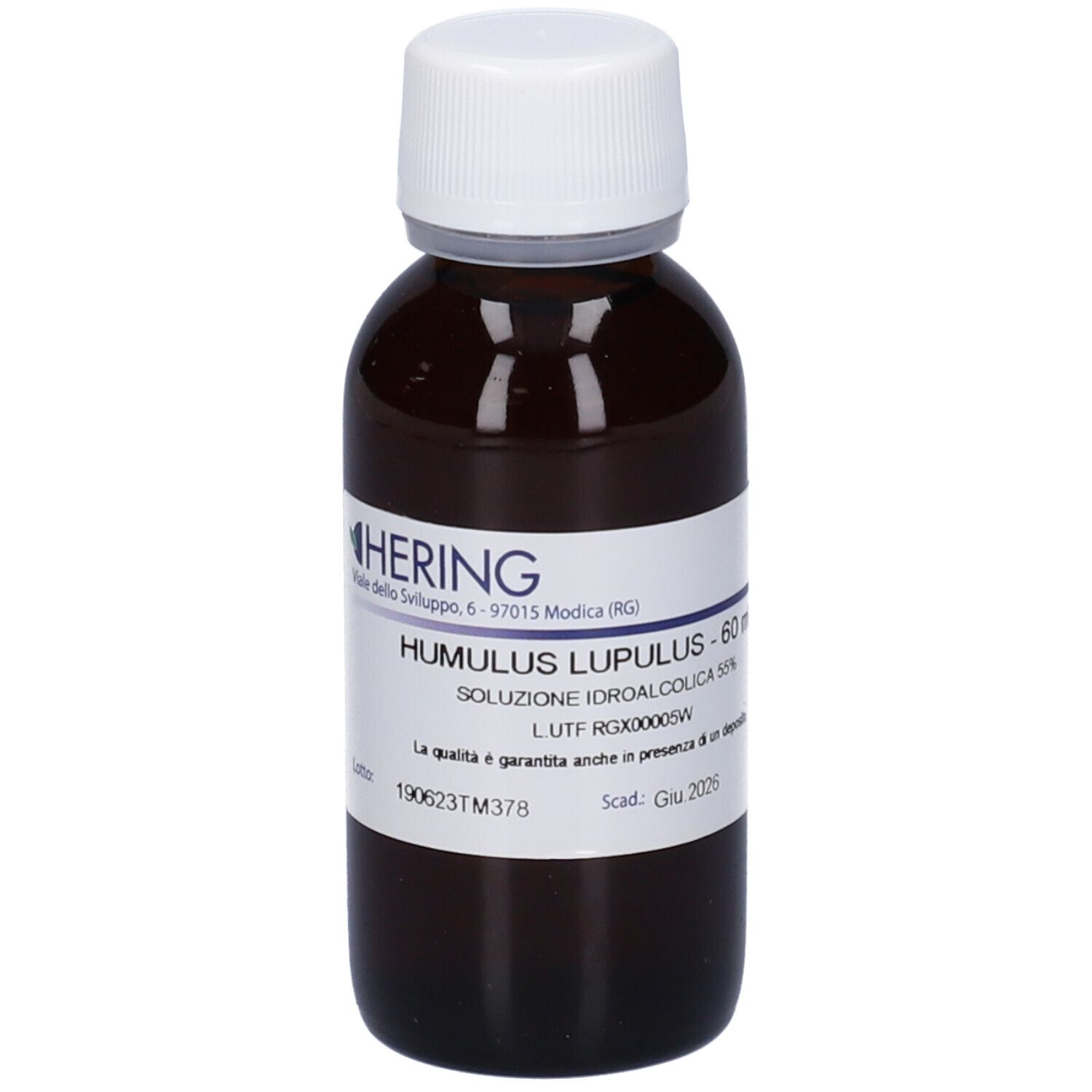 Flacone di vetro marrone con tappo bianco ed etichetta. Scritte: HERING, Humulus Lupulus, 60 ml, soluzione. Numero di lotto e scadenza.