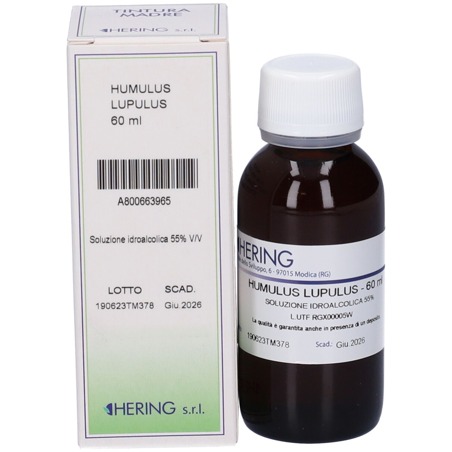 Flacone di vetro marrone con tappo bianco e scatola. Scatola con informazioni sul prodotto e immagine del flacone.