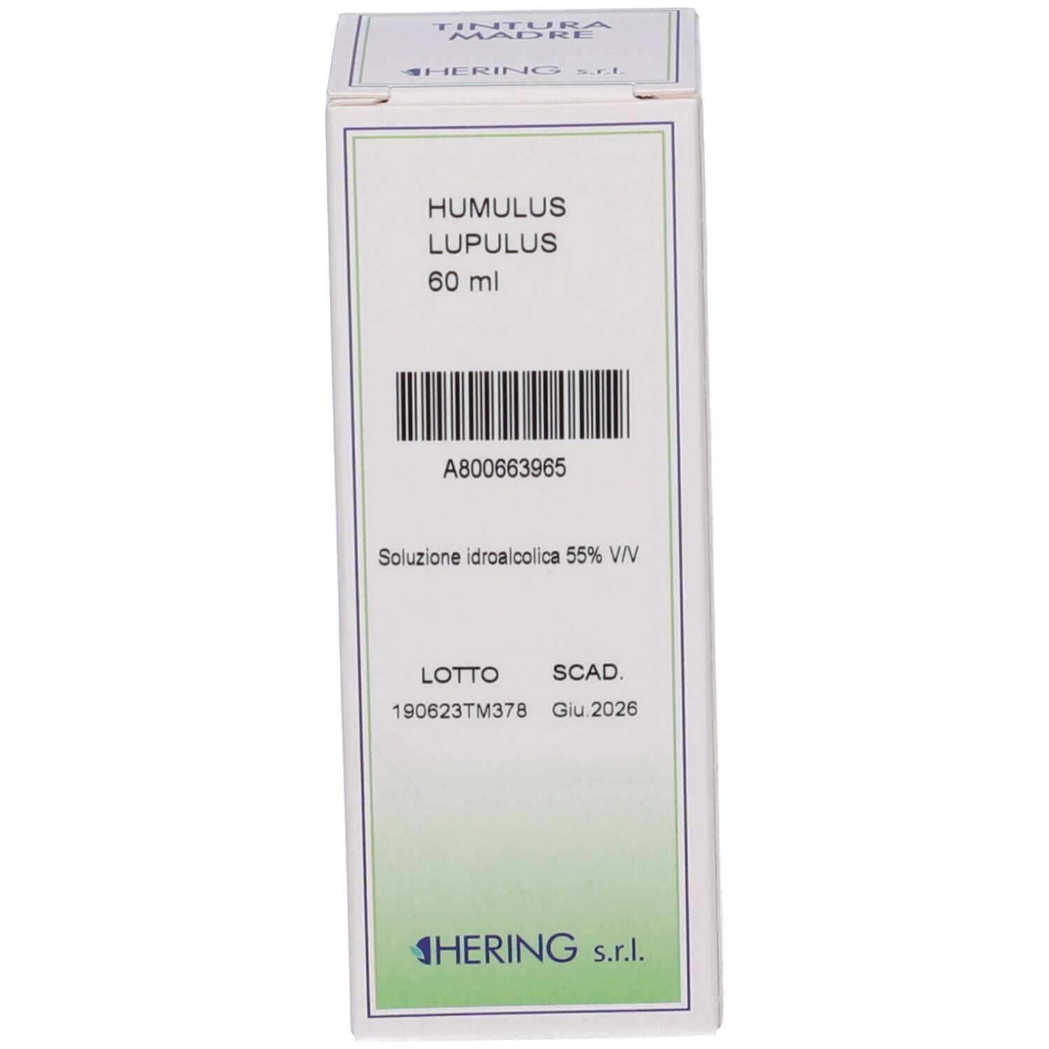 Scatola bianca con informazioni sul prodotto. Scritte: Humulus Lupulus, 60 ml. Logo HERING.