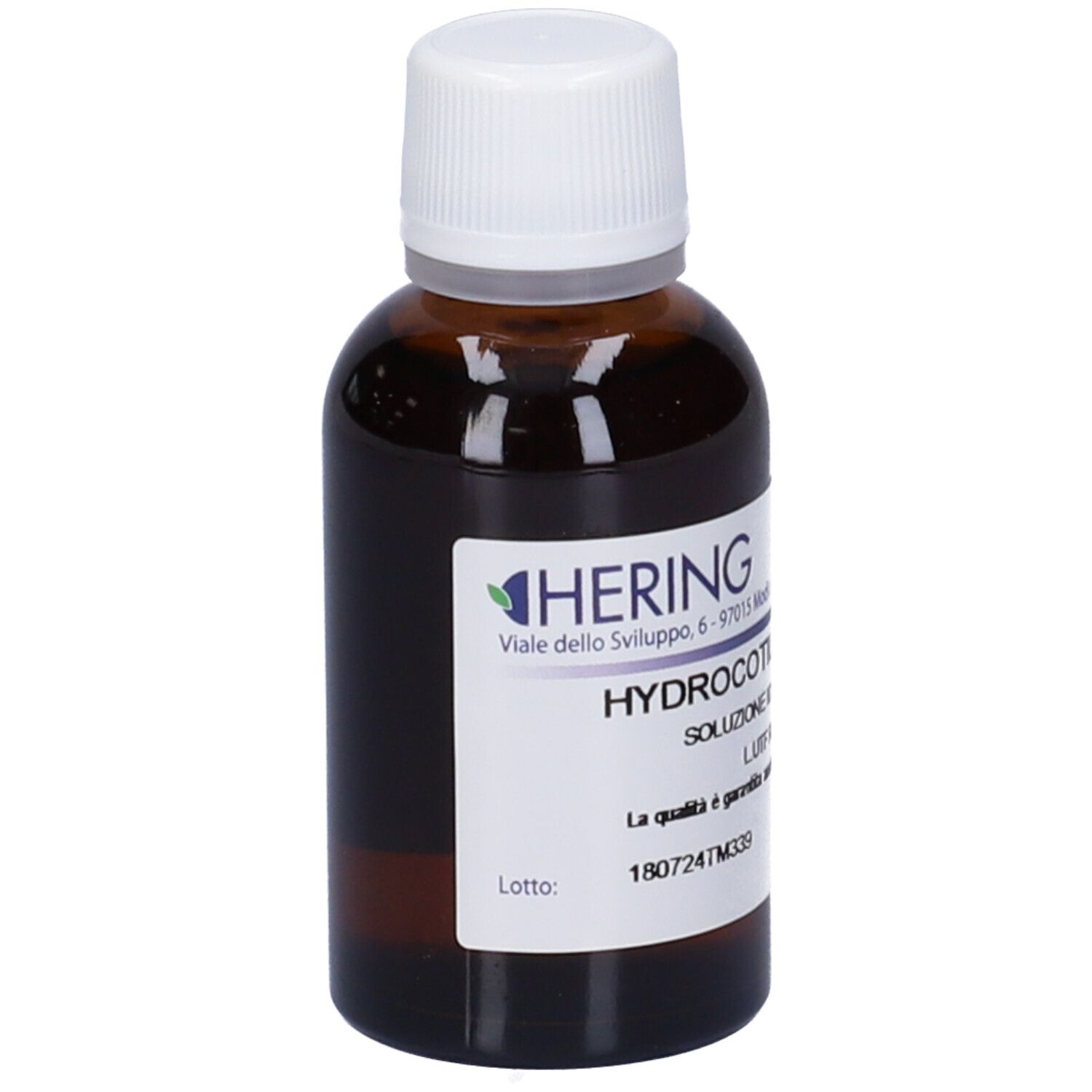 Flacone di vetro marrone con tappo bianco. Etichetta con nome del prodotto e produttore. Testo in italiano.