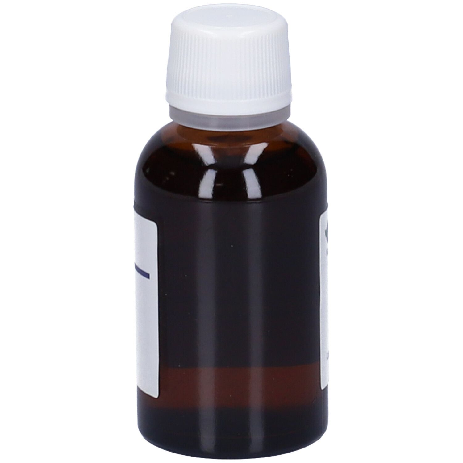 Flacone di vetro marrone con tappo bianco. Etichetta con nome del prodotto e produttore. Testo in italiano.