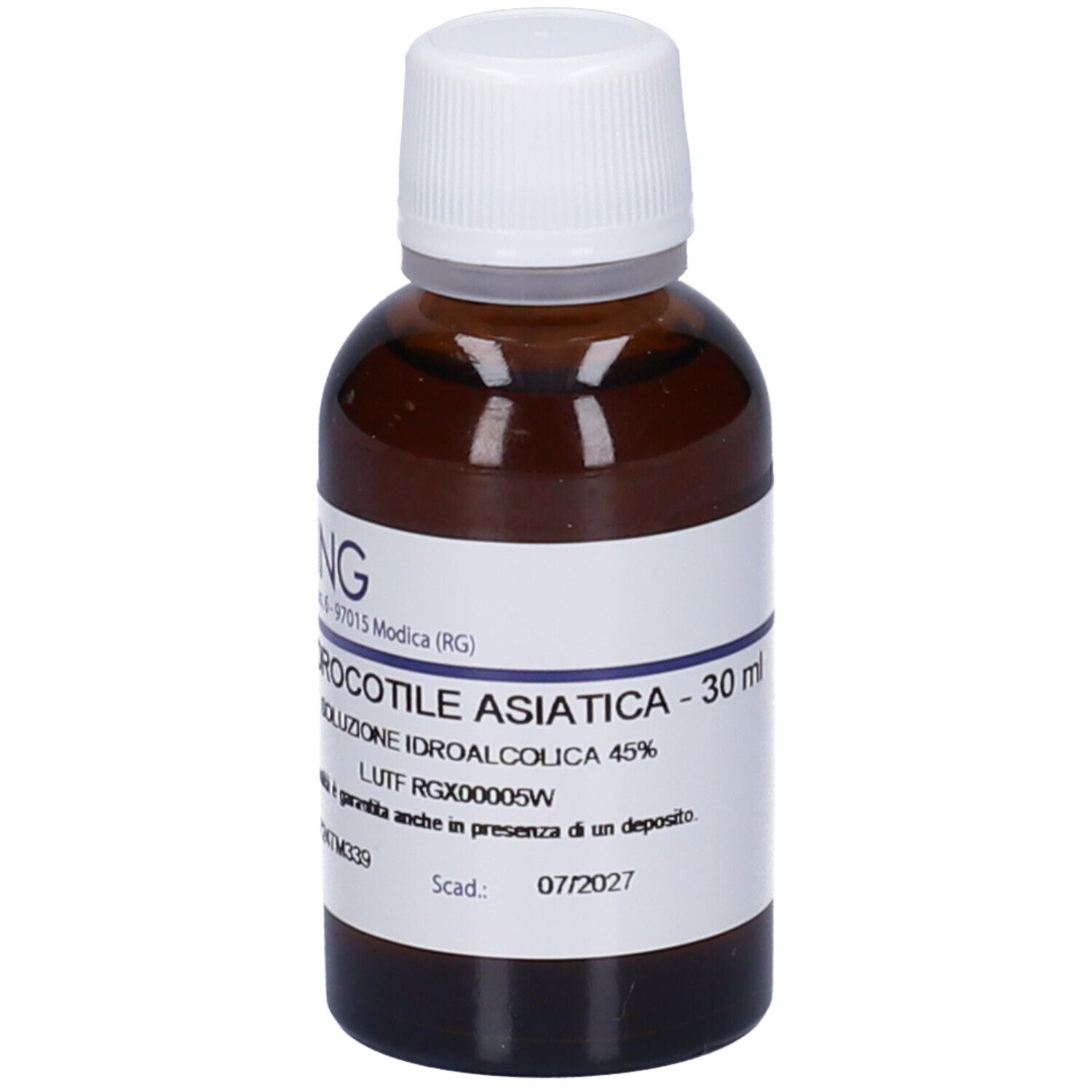 Flacone di vetro marrone con tappo bianco. Etichetta con nome del prodotto e produttore. Testo in italiano.