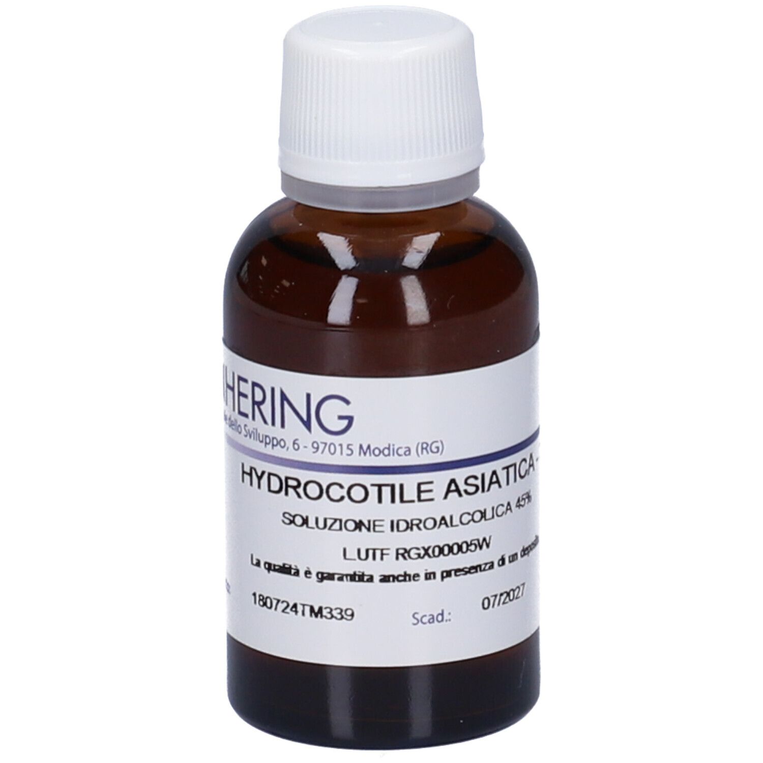 Flacone di vetro marrone con tappo bianco. Etichetta con nome del prodotto e produttore. Testo in italiano.