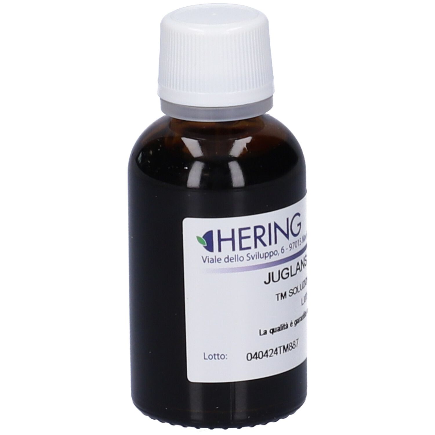 Flacone di vetro marrone con tappo bianco. Etichetta con logo HERING e testo: Juglans Regia, TM Soluzione Idroalcolica.