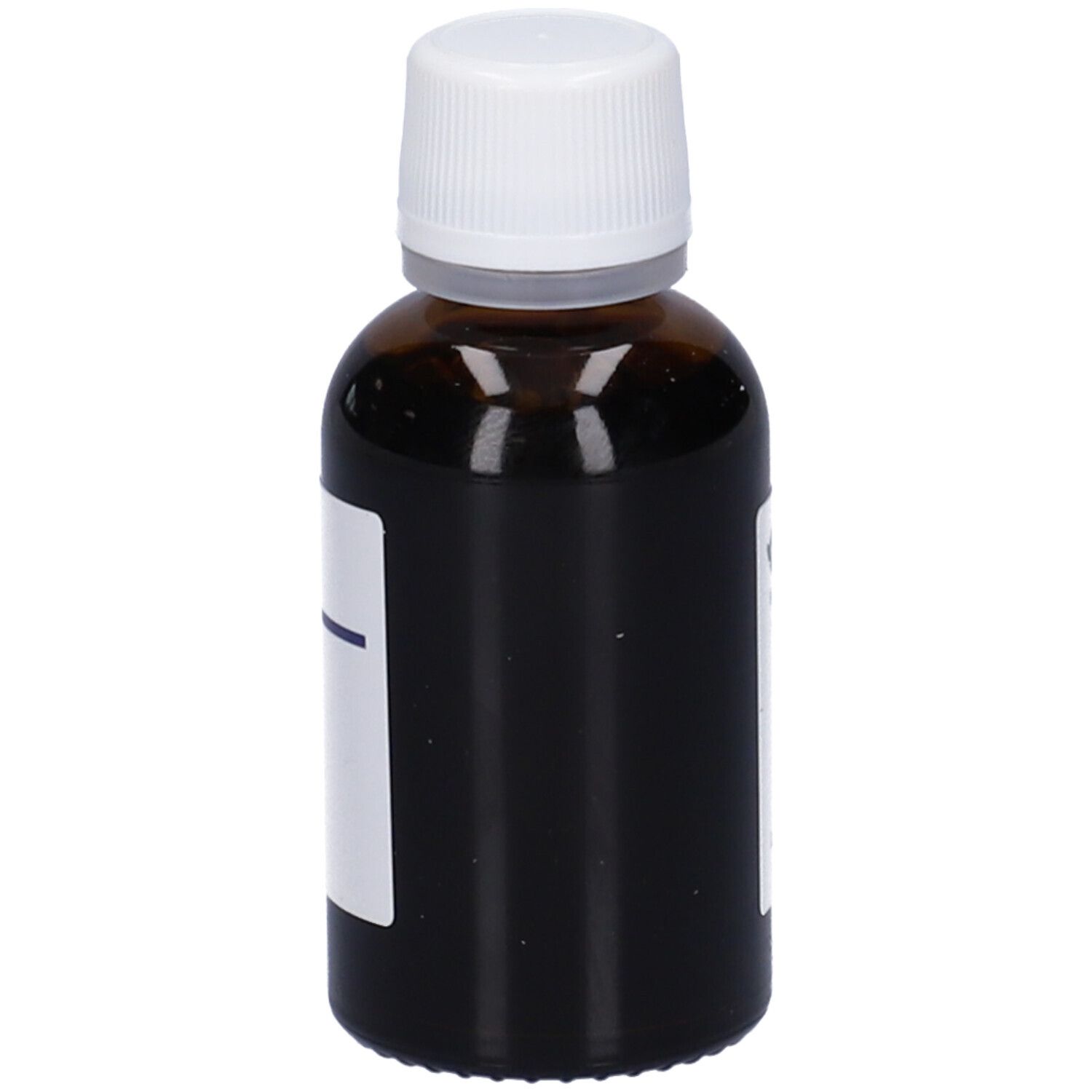 Flacone di vetro marrone con tappo bianco. Etichetta con campo vuoto e testo.