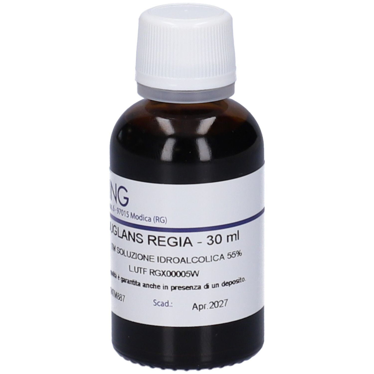 Flacone di vetro marrone con tappo bianco. Etichetta con testo: Juglans Regia - 30 ml, TM Soluzione Idroalcolica 55%.