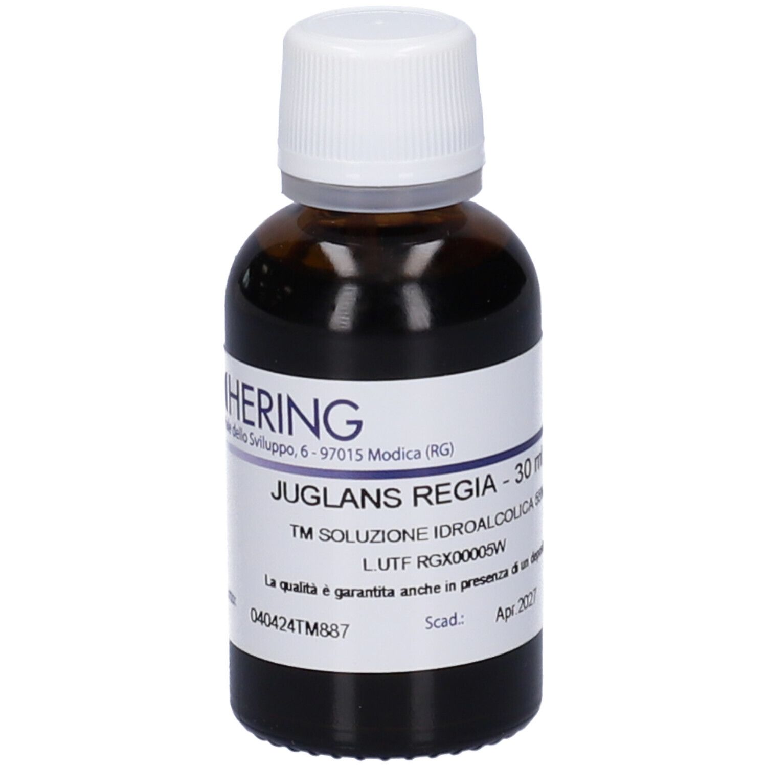 Flacone di vetro marrone con tappo bianco. Etichetta con testo: Juglans Regia - 30 ml, TM Soluzione Idroalcolica 55%.