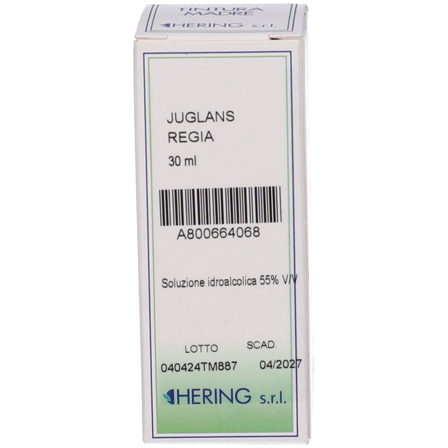 Scatola bianca con testo: Juglans Regia, 30 ml, Soluzione idroalcolica 55% V/V. Logo HERING.