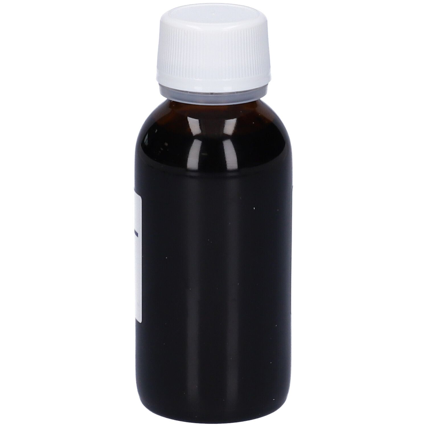 Flacone di vetro marrone con tappo bianco. Etichetta con nome e informazioni. Liquido marrone scuro.