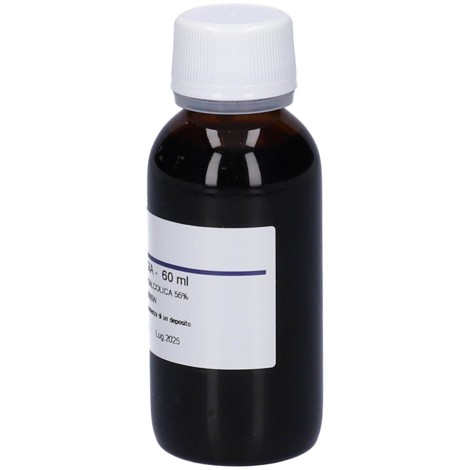 Flacone di vetro marrone con tappo bianco. Etichetta con nome e informazioni. Liquido marrone scuro.